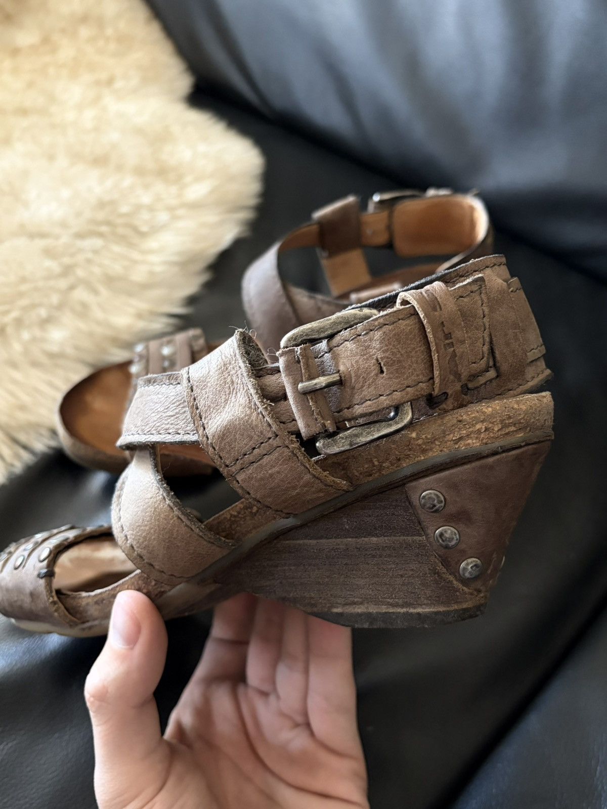 A.S.98 A.S.98 Archive Avant-Garde Leather Sandals Wedge Heel Buckle Size US 7 / IT 37 - 3 Thumbnail