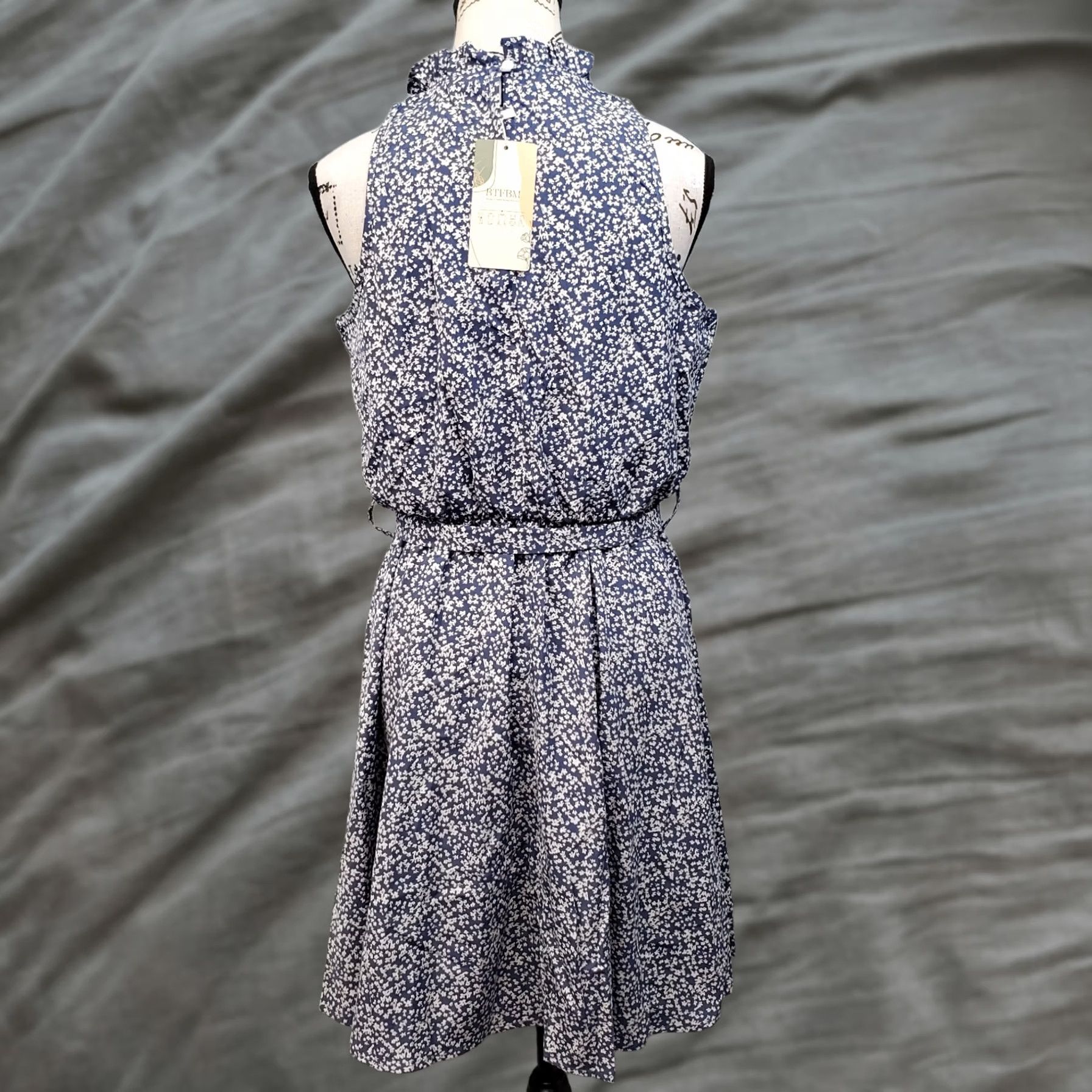 Vintage BTFBM Halter Dress Womens M Blue White Floral Sleeveless Belted Waist Swing Hem Dress Size M / US 6-8 / IT 42-44 - 1 Thumbnail