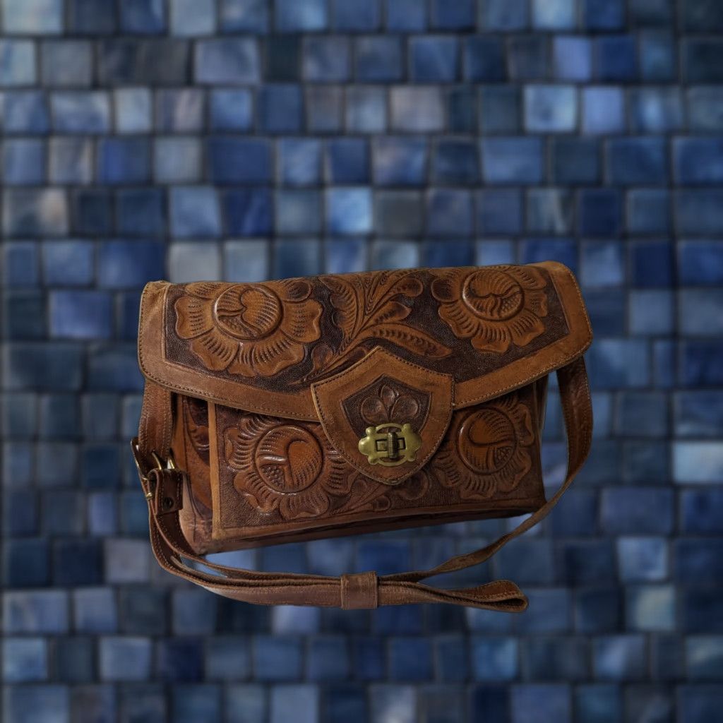 Vintage VINTAGE Leather Hand Tooled Embossed Mexican Handbag Roses Purse Woman Brown Leather Exterior Zipped Compartments 12.5in x 10in Medium Size ONE SIZE - 1 Thumbnail
