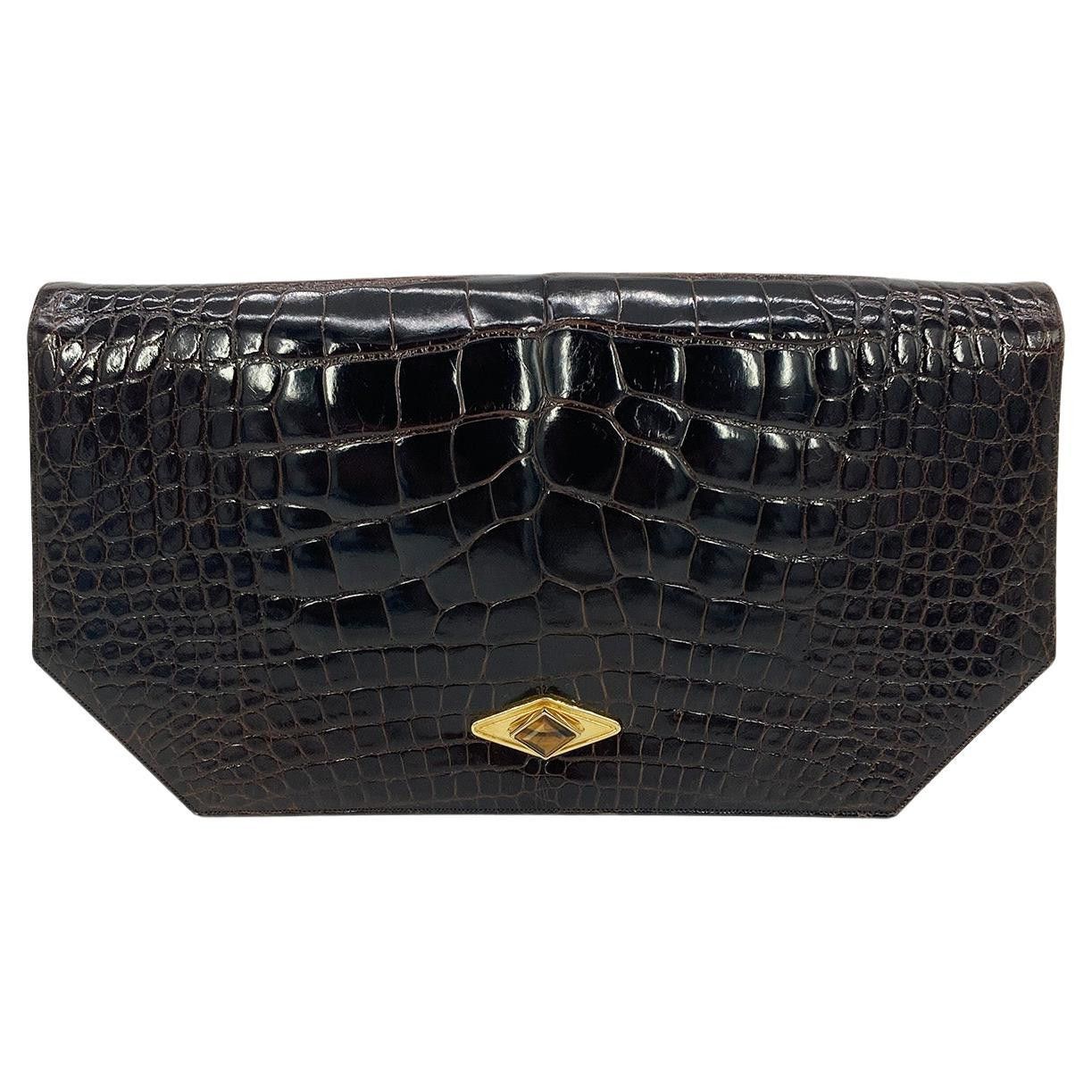 image of Judith Leiber Brown Alligator Clutch, Women's