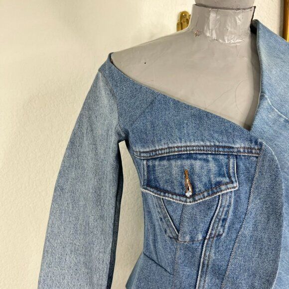 A.W.A.K.E. MODE A.W.A.K.E. MODE Upcycled Denim Off Shoulder Top Jean Jacket Size XS / US 0-2 / IT 36-38 - 7 Thumbnail