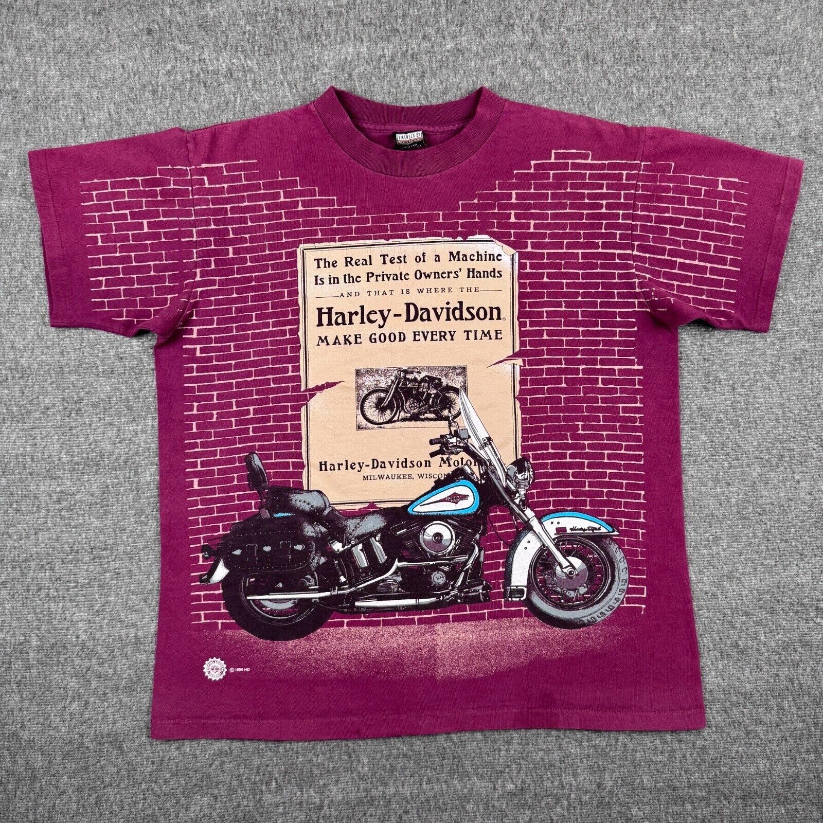 Harley Davidson Vintage Harley Davidson T-Shirt Mens Medium Maroon Brick AOP Size US M / EU 48-50 / 2 - 1 Thumbnail