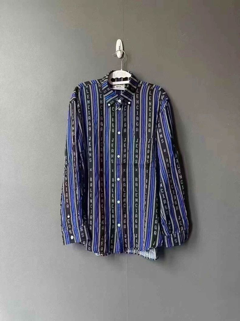 Balenciaga Balenciaga Black and blue striped shirt with full logo shir Size XS / US 0-2 / IT 36-38 - 1 Thumbnail