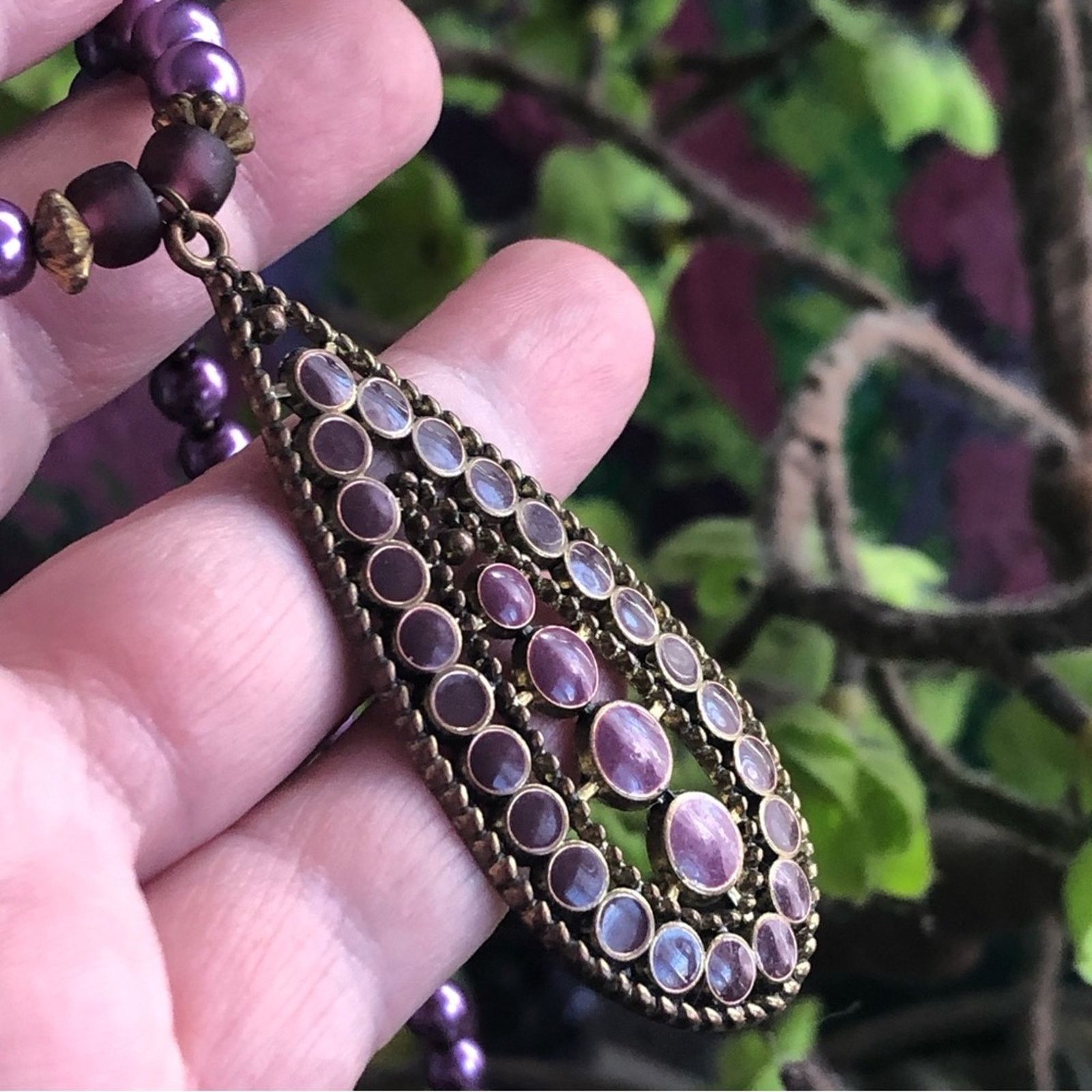 Handmade Handcrafted repurpose purple enamel raindrop Pearl necklace Size ONE SIZE - 11 Thumbnail