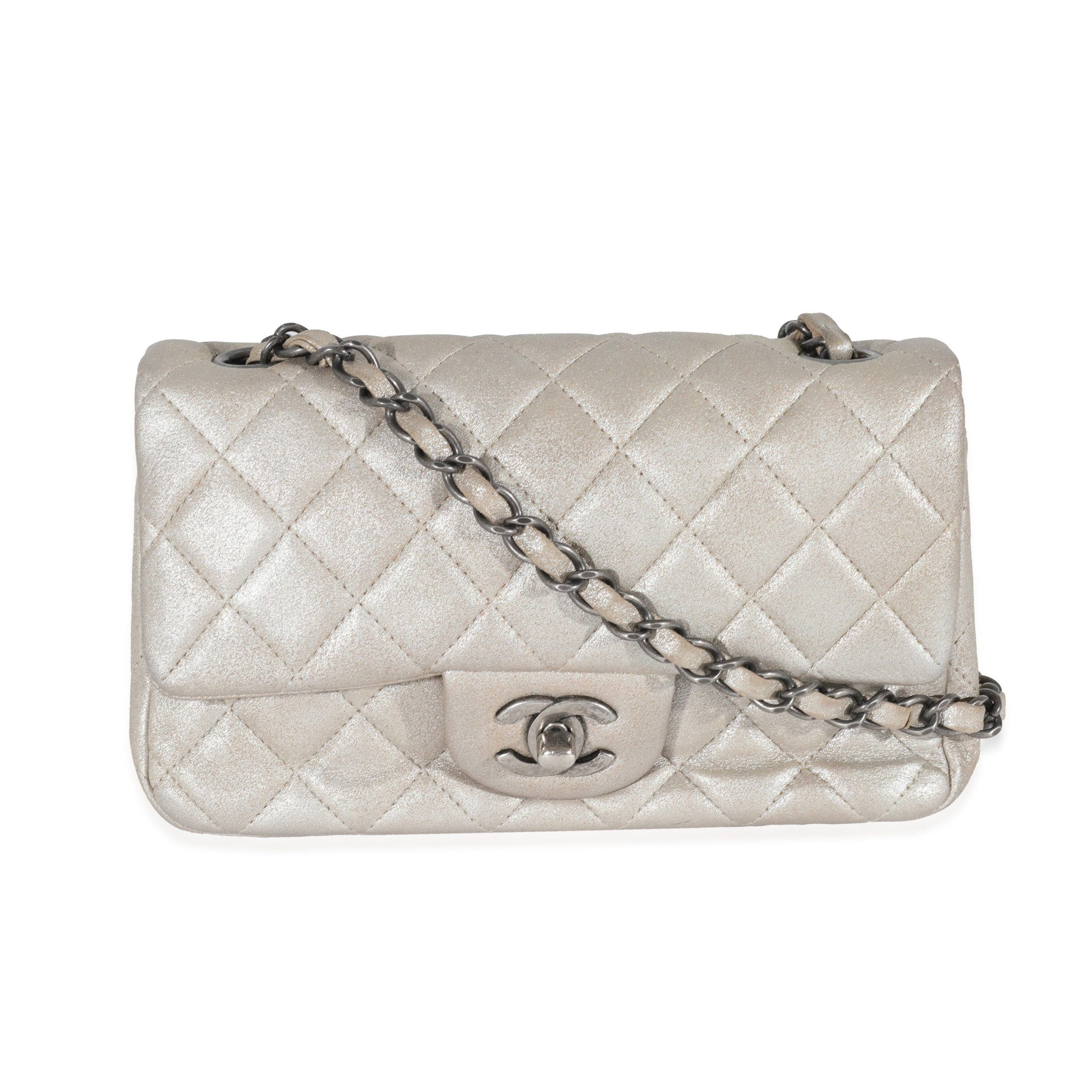 Chanel Silver Metallic Nubuck Rectangular Mini Flap