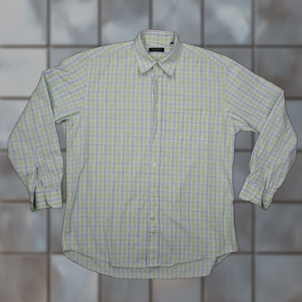 Canali Canali Mens Large Green Blue Check Button Up Cotton Dress Shirt Italy Size 42R - 1 Thumbnail
