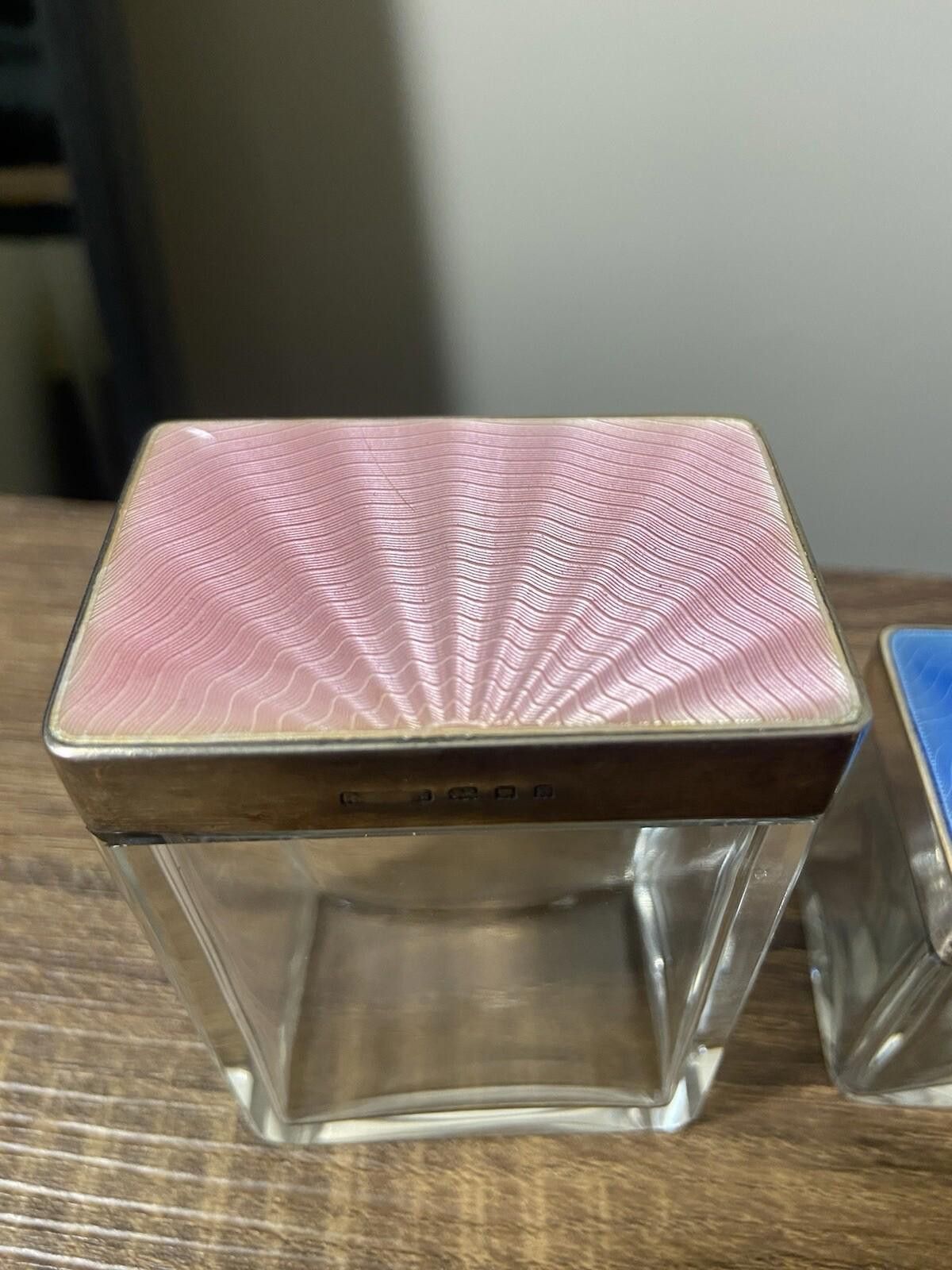 Designer Antique 925 Sterling Silver blue pink guilloche glassjar set Size ONE SIZE - 3 Thumbnail