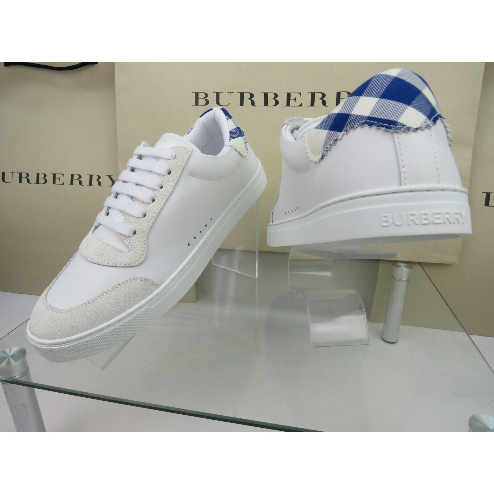 Burberry ROBIN WHITE BLUE CHECK LEATHER LOW LOGO SNEAKERS 12.5 45.5 Size US 12.5 / EU 45-46 - 7 Thumbnail