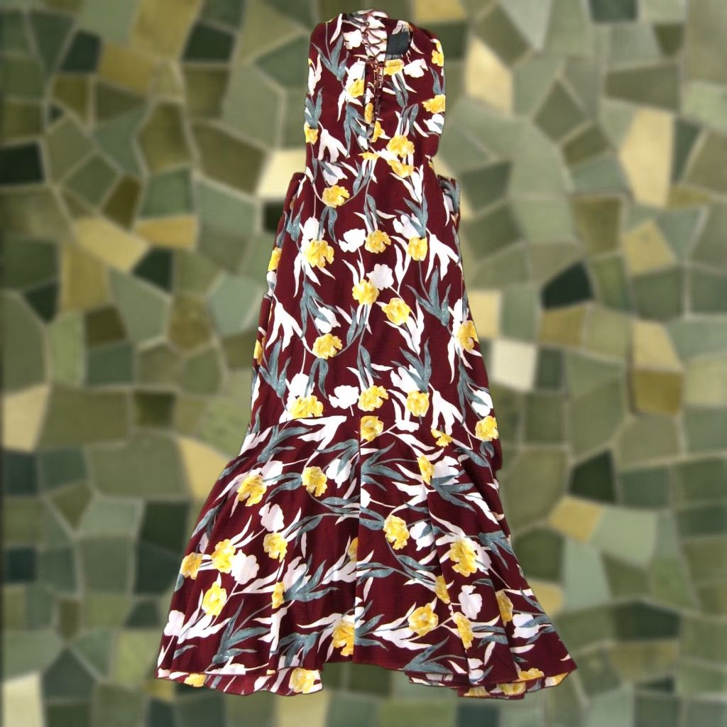 Vintage Nightwalker Floral Maxi Tank Dress L Nightwalker Rayon Red Green Yellow High Neck Long Large Adult Women Size L / US 10 / IT 46 - 1 Thumbnail