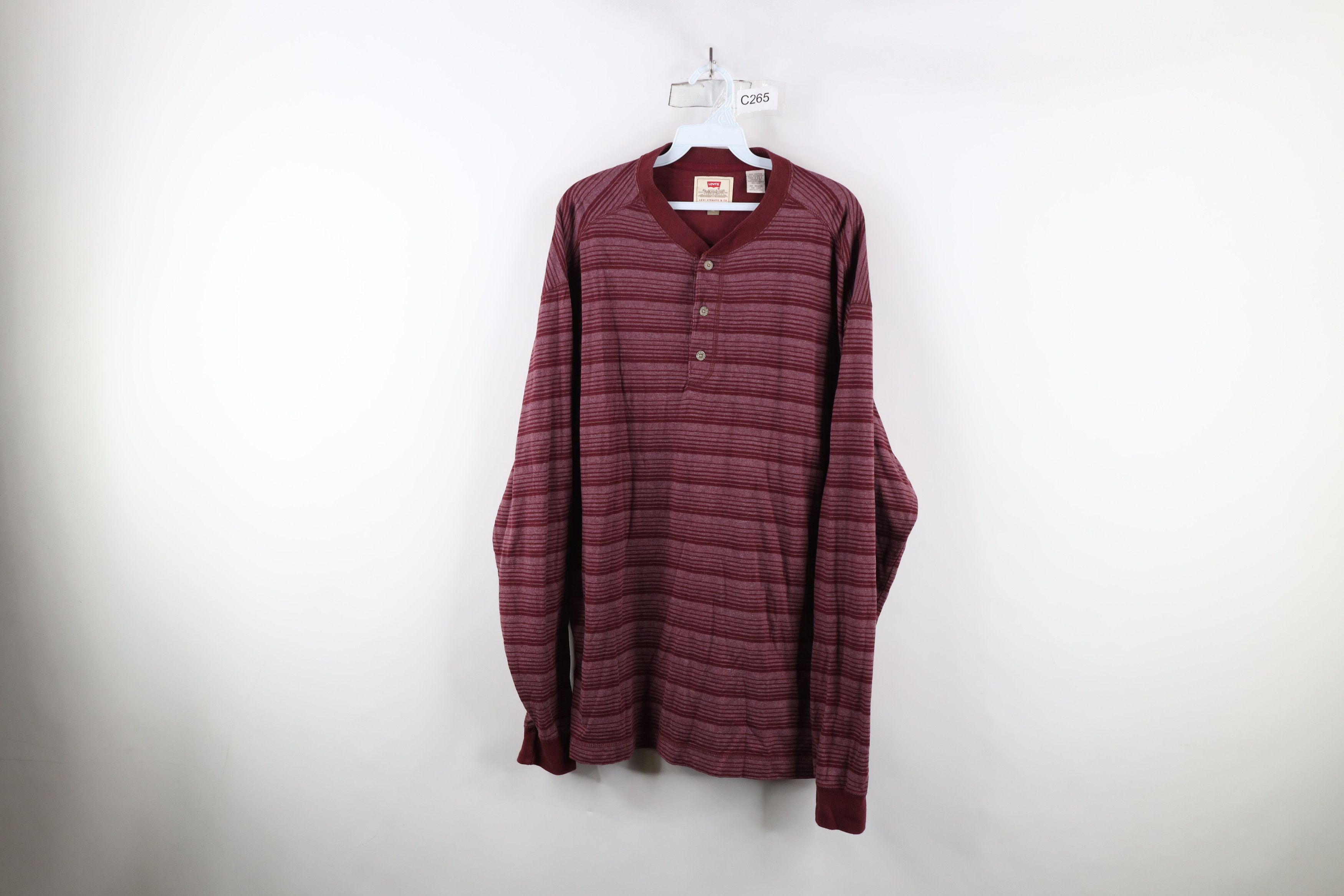 Levi's × Vintage Vintage 90s Levis Striped Long Sleeve Henley T-Shirt Red USA Size US XL / EU 56 / 4 - 1 Thumbnail
