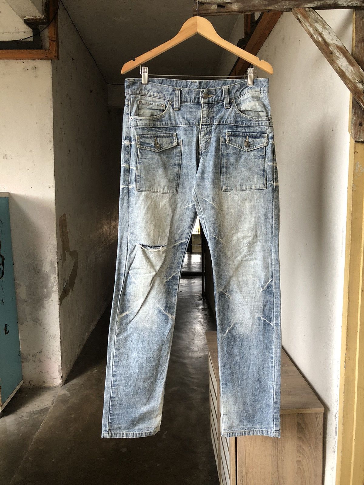 image of Vintage Ppfm Distressed Thunder Denim Bush Pant Straight Cut in Light Blue, Men's (Size 32)