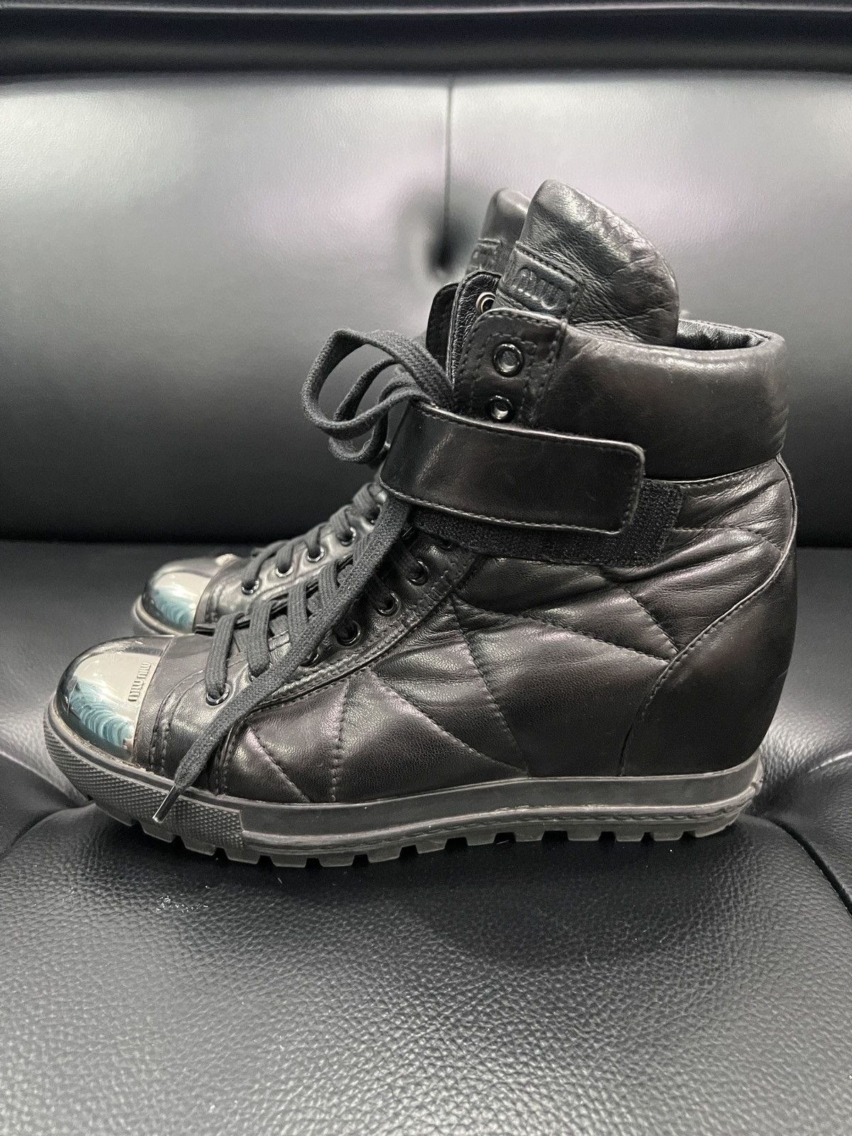 Miu Miu Miu Miu Metal Toe Lace-Up Wedge High-Top Boots Size US 7.5 / IT 37.5 - 2 Thumbnail