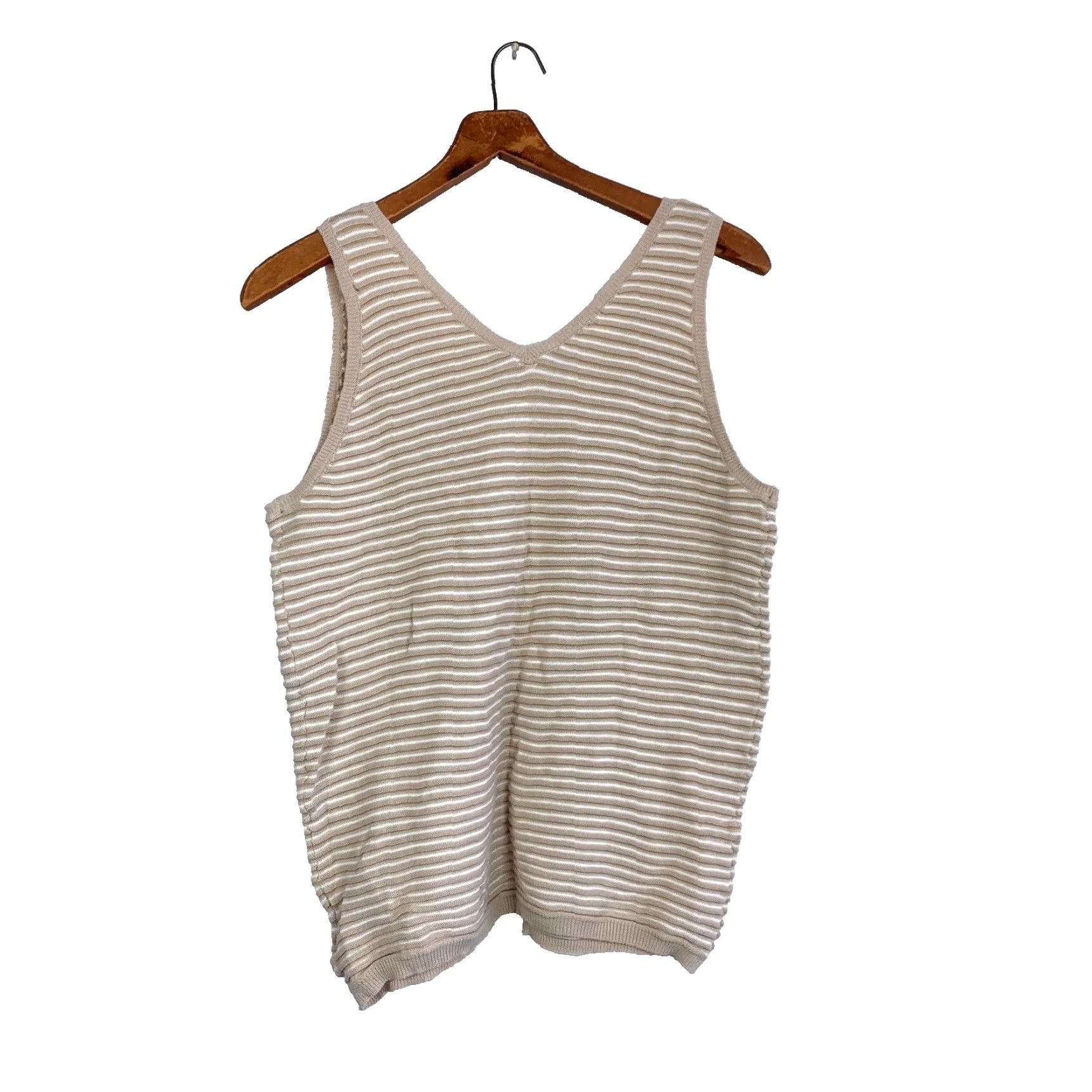 Vintage Wishlist Tan White Striped Ribbed V-Neck Sleeveless Shirt Tank Top Beige Large Women Cotton Tank Size L / US 10 / IT 46 - 7 Thumbnail
