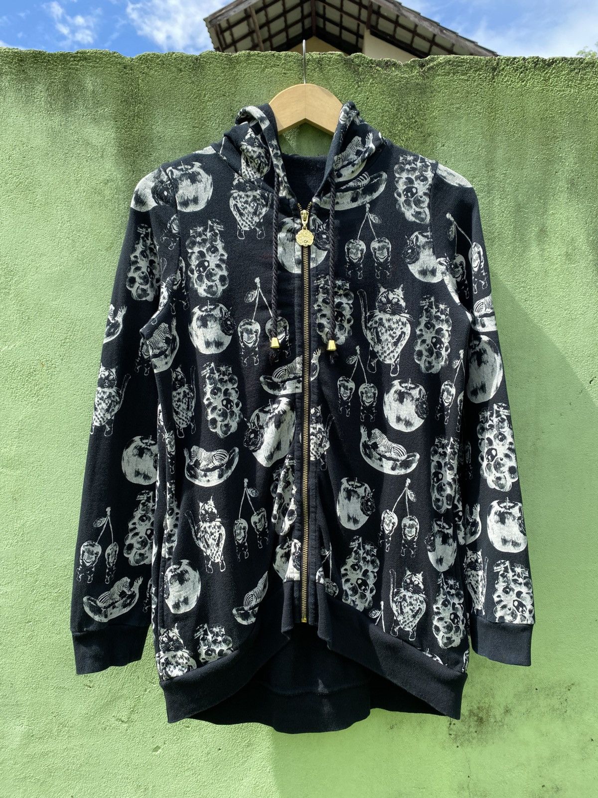 Japanese Brand Scolar AOP Animal Fruit Hoodie Black Zip Up Unique Pattern Size ONE SIZE - 1 Thumbnail