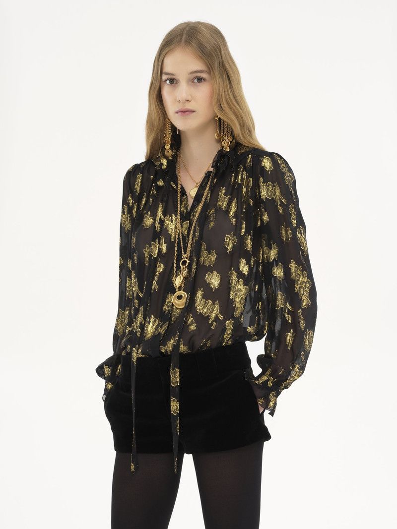 Chloe o1loc1c11125 Gathered Blouse in Black/Gold Size XS / US 0-2 / IT 36-38 - 3 Thumbnail