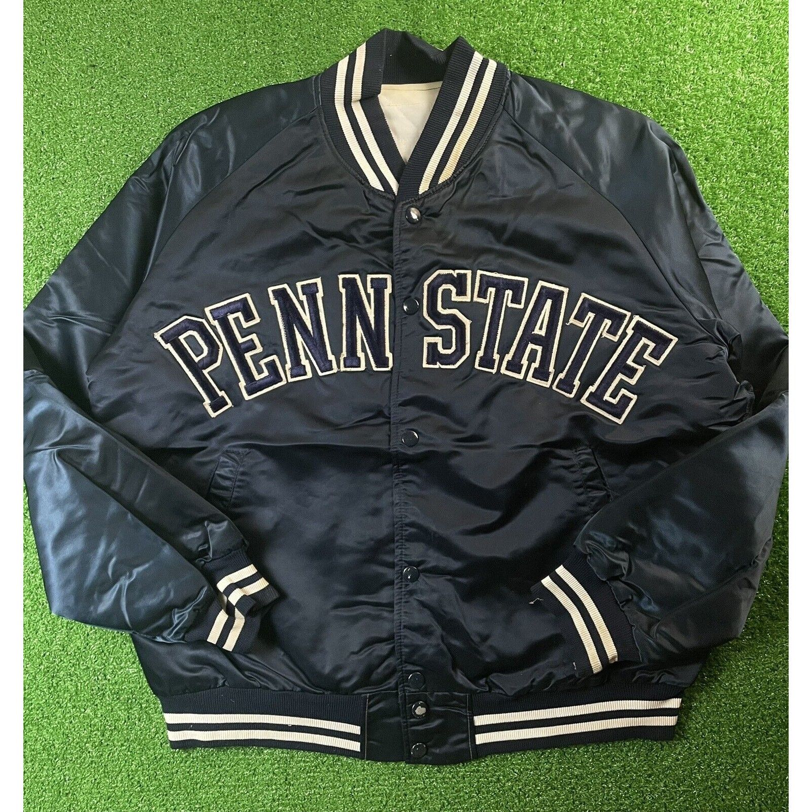 Image of Vintage 90's Pennsylvania Penn State Satin Bomber Jacket Usa in Blue, Men's (Size Small)