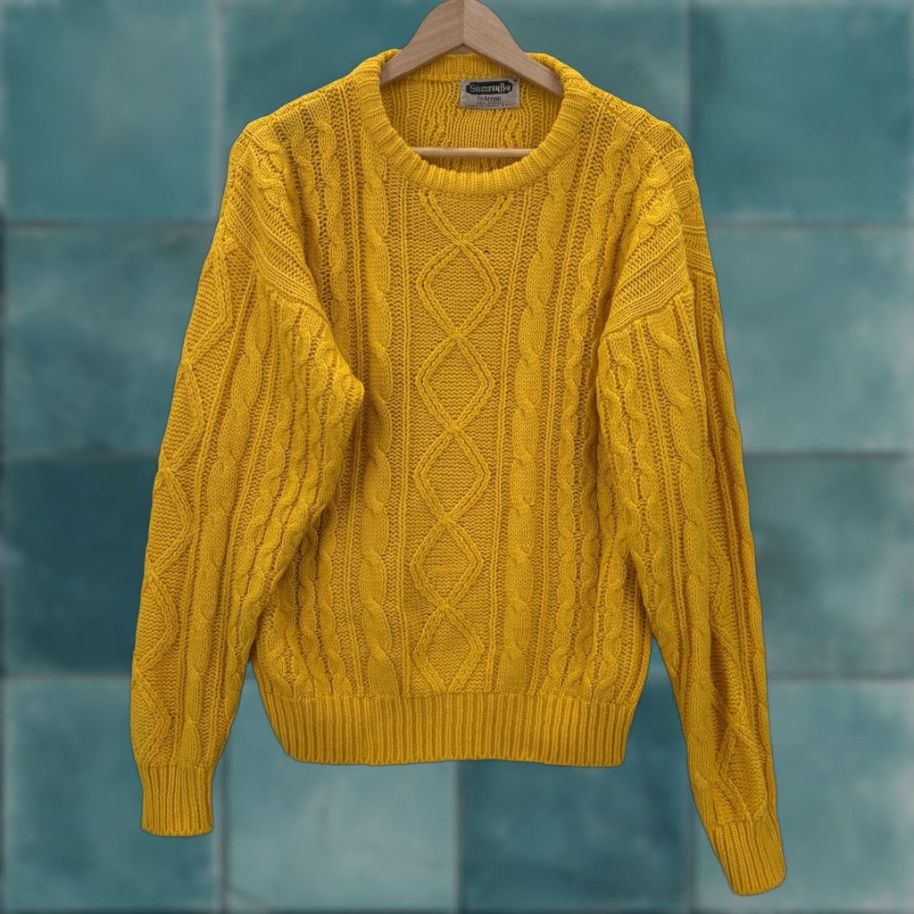 Arrow VINTAGE Shelter Bay by Arrow Sweater Mens Medium Yellow Cable-Knit Crew Neck 90s Fisherman Lightweight Knit Pullover Casual Size US M / EU 48-50 / 2 - 1 Thumbnail