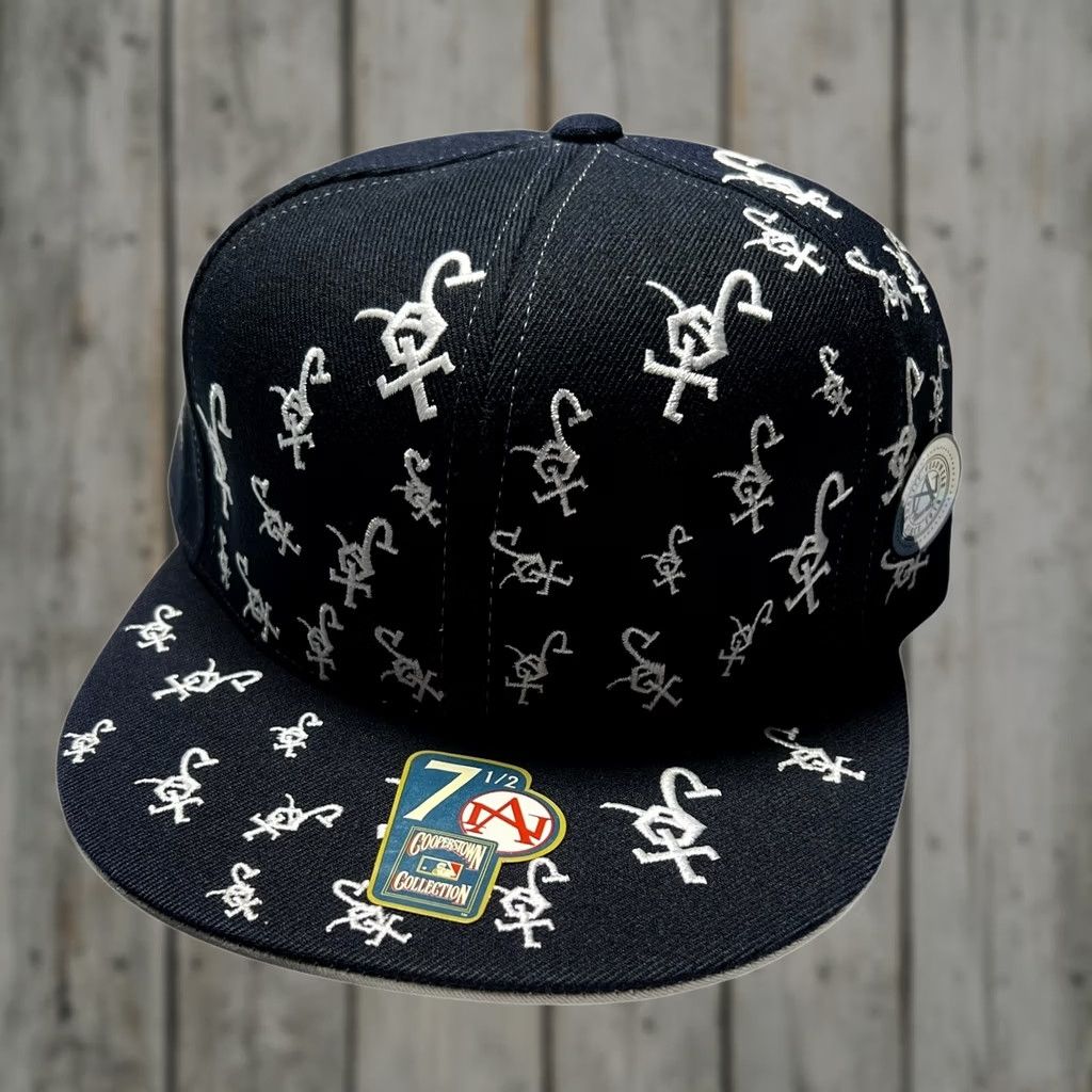 American Needle Chicago White Sox Hat Men 7 1/2 Navy Blue All-Over Logo MLB Cooperstown Fitted Embroidered Cap Size ONE SIZE - 1 Thumbnail