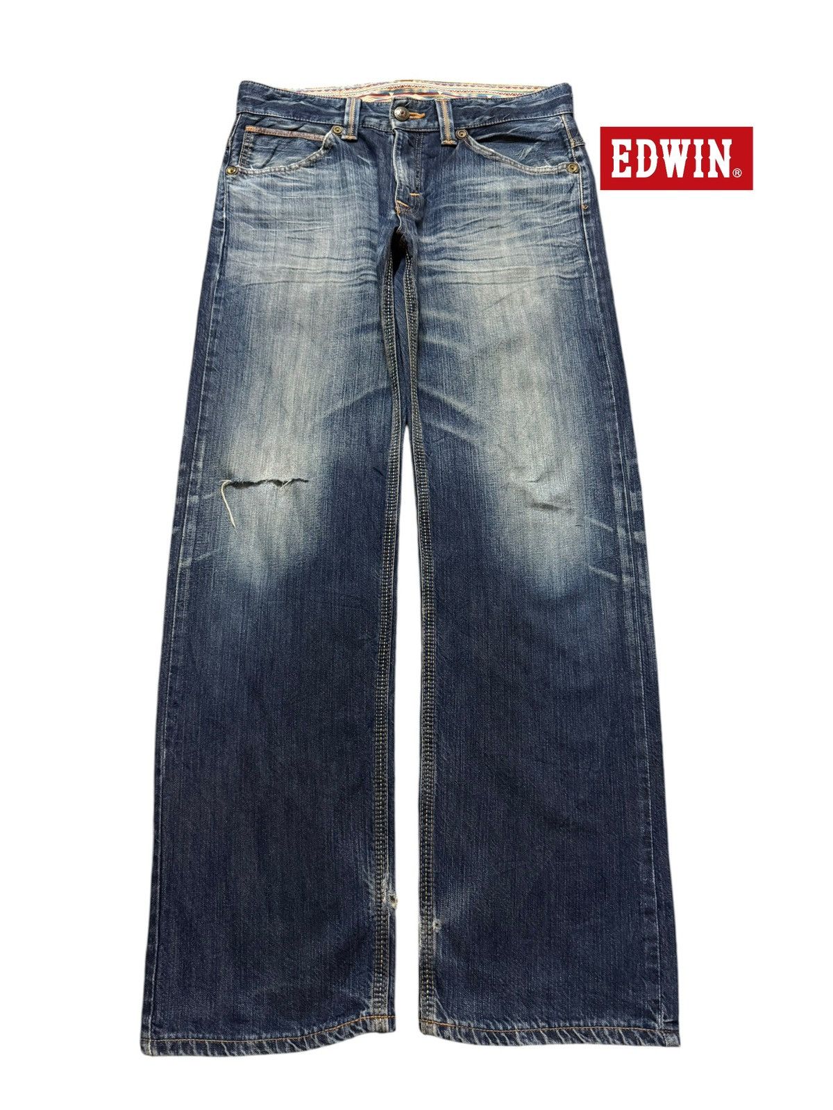 Edwin Vintage 90s Edwin XV Blue Faded Wash Distress Wide Leg Loose Size US 34 / EU 50 - 1 Thumbnail