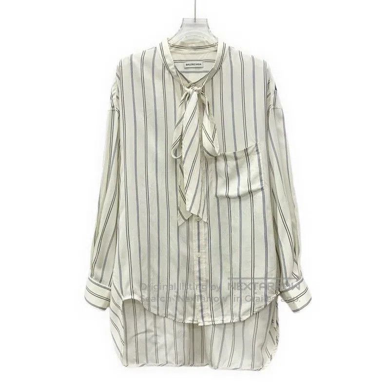 Balenciaga White Stripe Silk Bow Shirt.