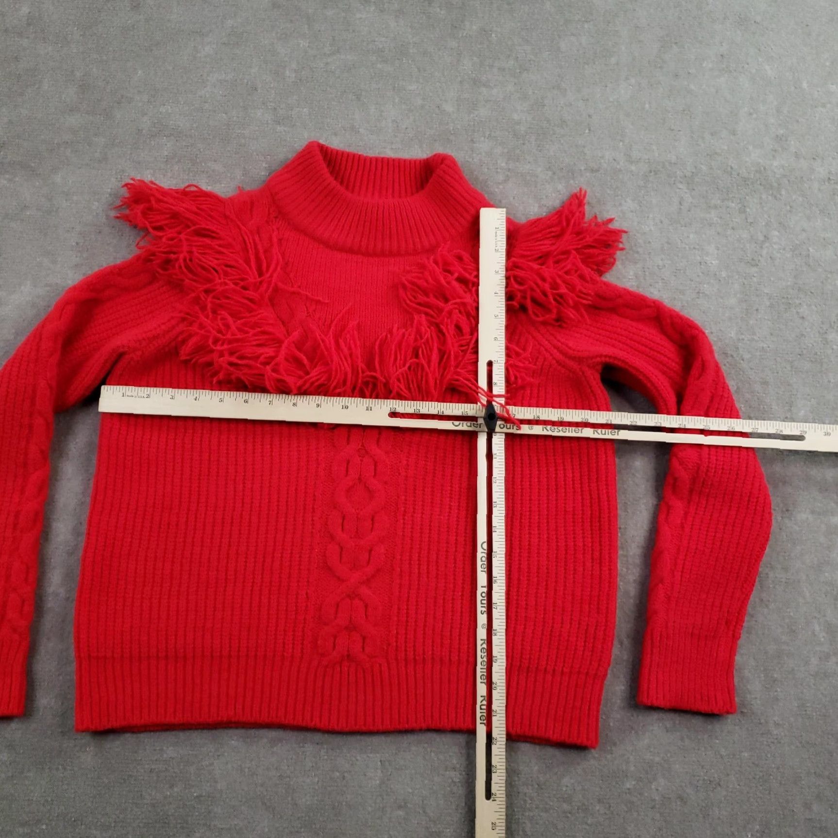 Vintage Tuckernuck Sweater Womens Medium Red Fringe Mock Neck Cable Knit Chunky Pullover Size M / US 6-8 / IT 42-44 - 2 Thumbnail