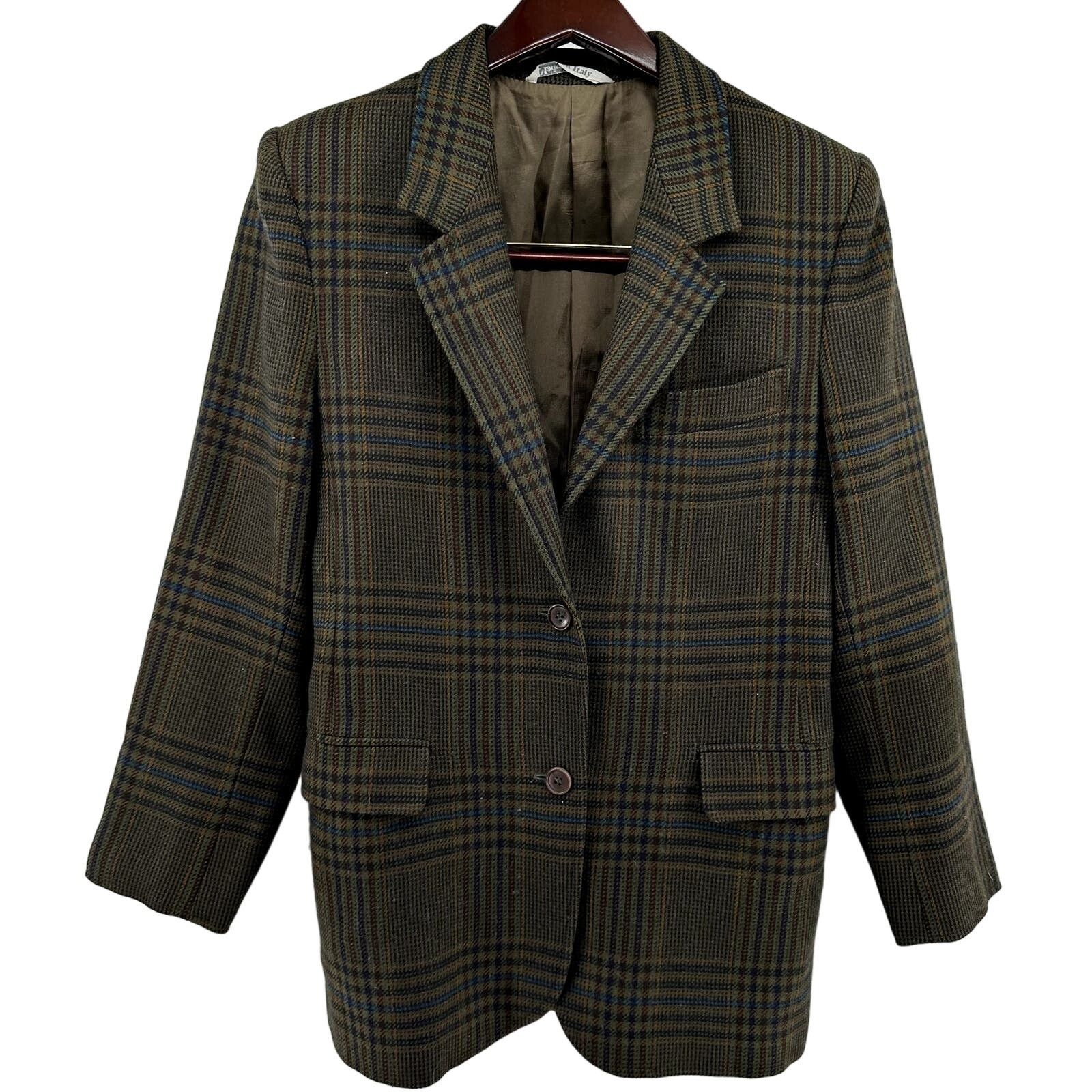 image of Max Mara Wool Plaid Two Button Suit Jacket Lapel Olive 4 in Brown, Women's (Size Small)