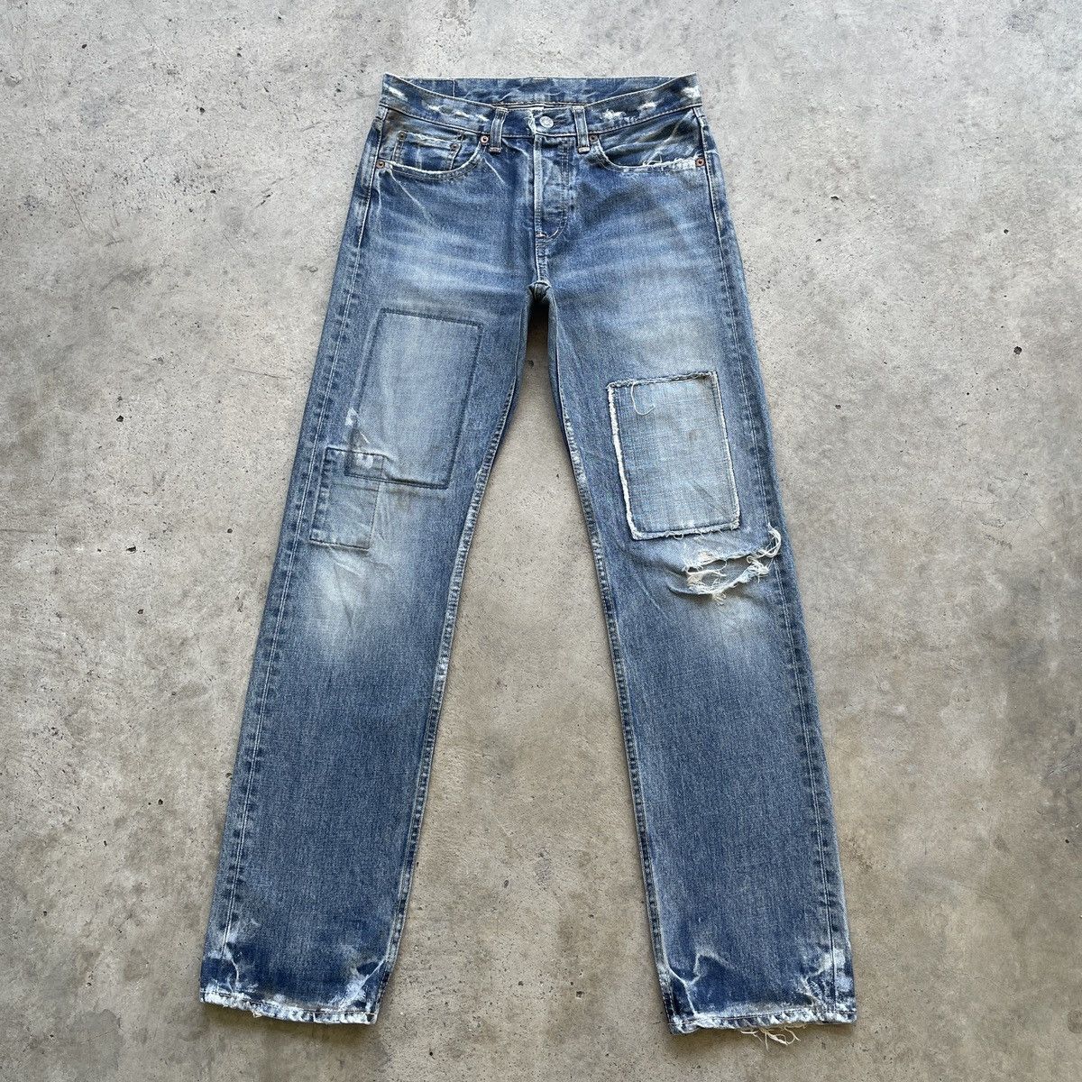 image of W30 Vintage D.m.g Patchwork Faded Distressed Jeans Pants in Faded Blue, Men's