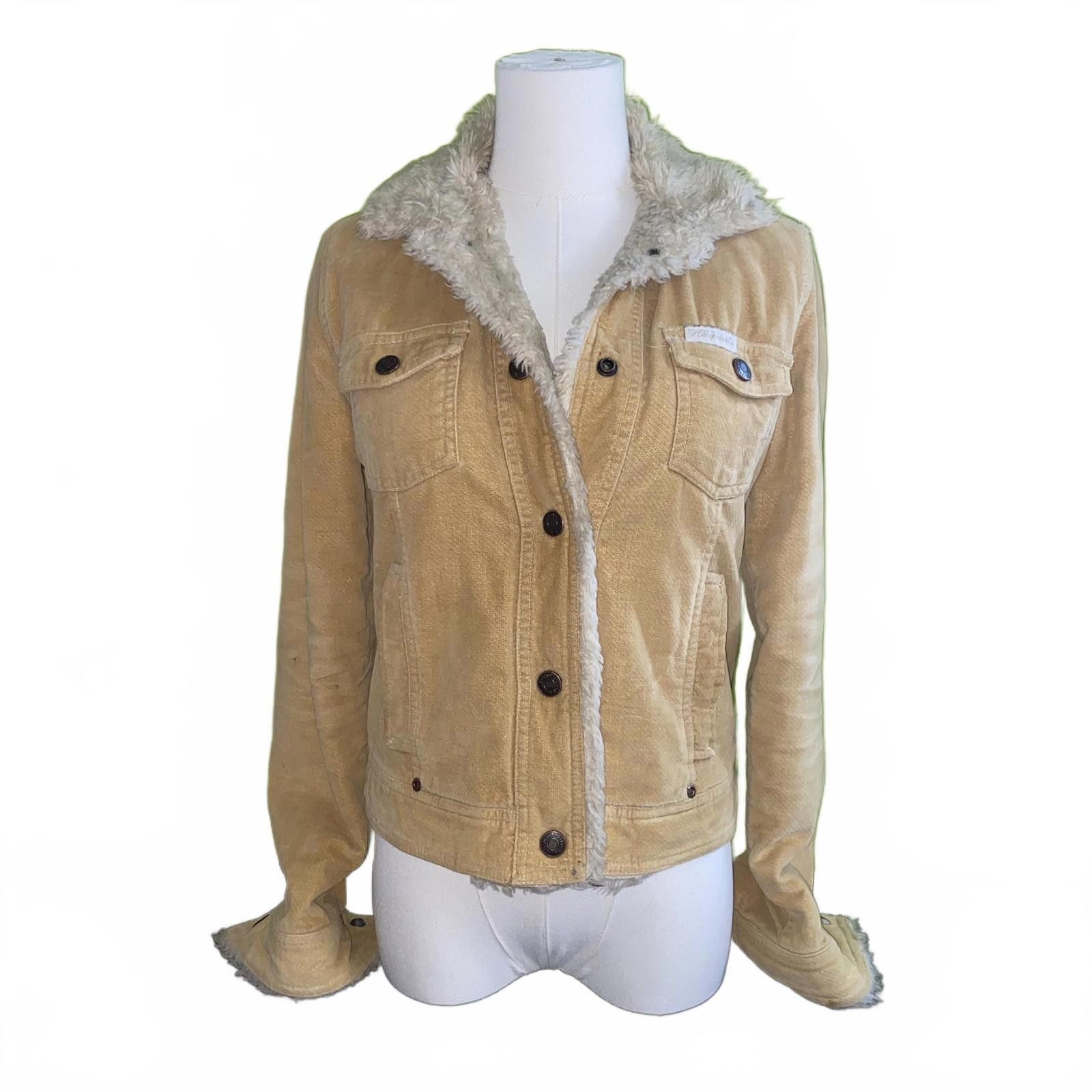 Aeropostale Y2k Khaki corduroy coat jacket fur neck XS Vintage Size XS / US 0-2 / IT 36-38 - 1 Thumbnail