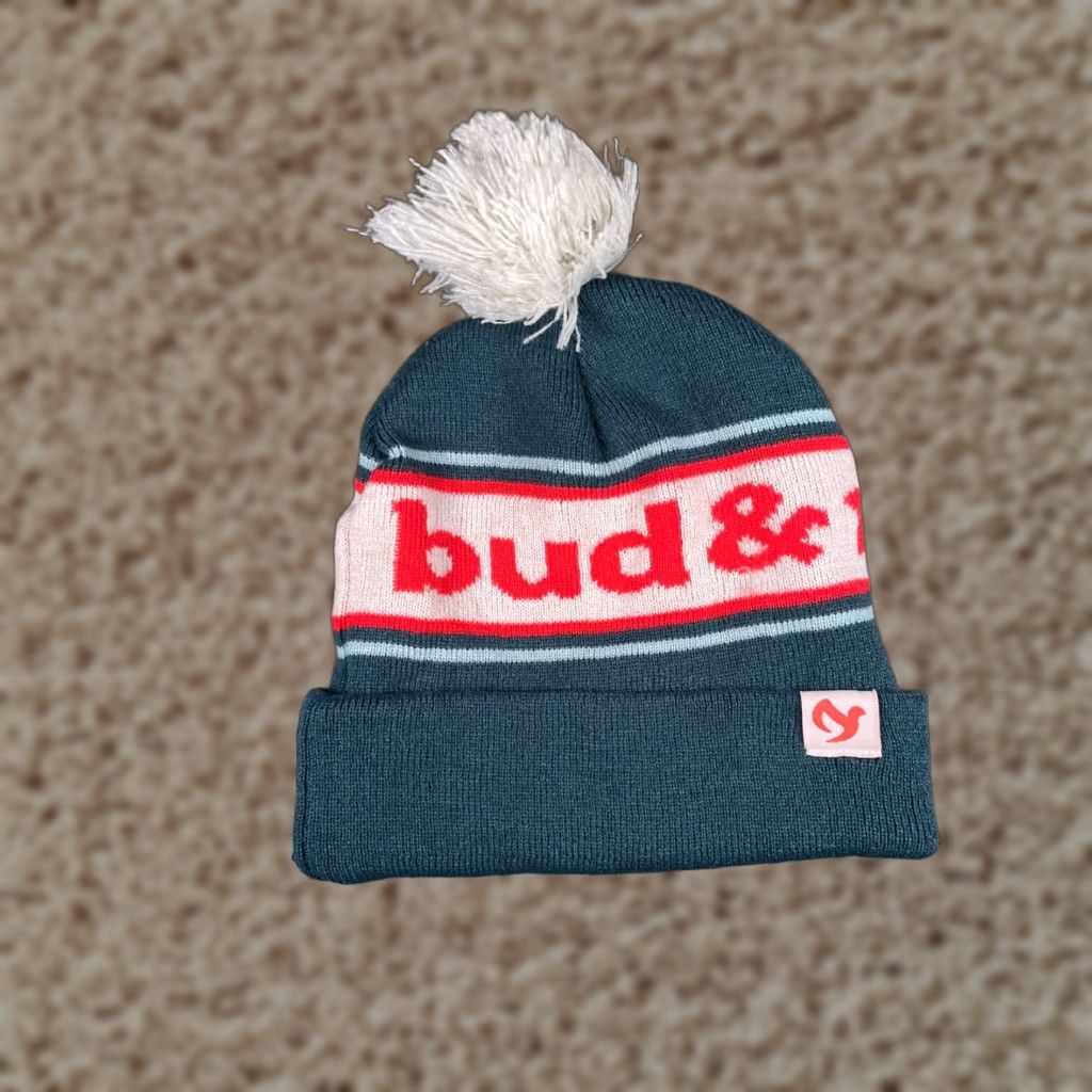Vintage Bud & Mary's Beanie Toque Adult One Size Blue Red Stripe Knit 100% Acrylic Pom Size ONE SIZE - 1 Thumbnail