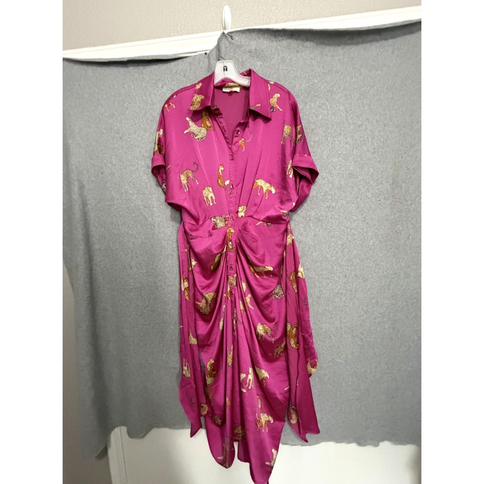 Pinko Entro Dress Womens L Pink Leopard Satin Ruched Button Front Maxi Shirt Collared Size L / US 10 / IT 46 - 2 Thumbnail