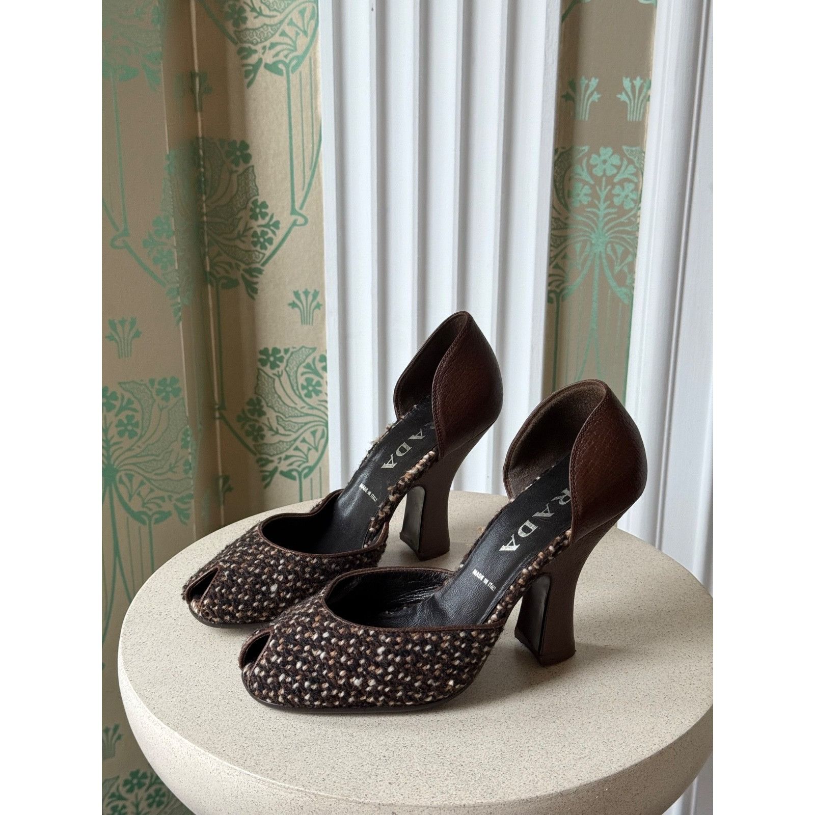 Prada Wool Leather Brown Peep Toe D’Orsay Heels Pumps 37