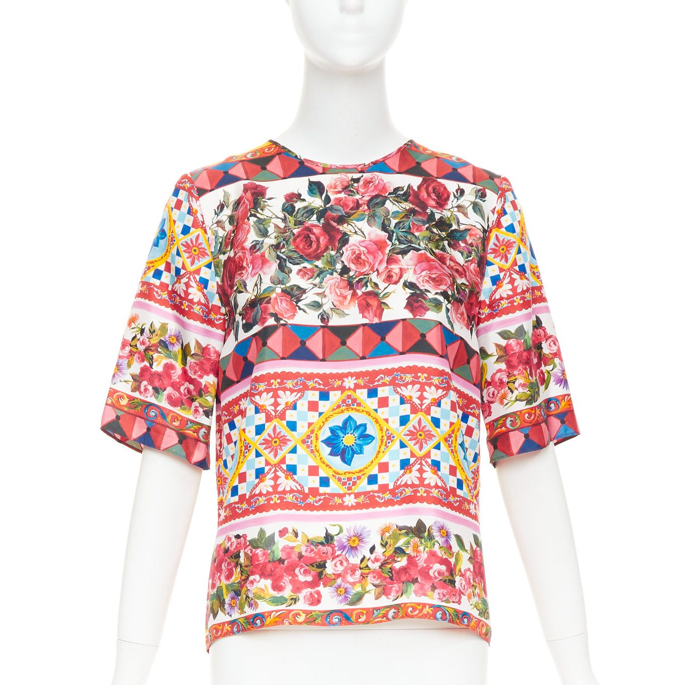Dolce & Gabbana DOLCE GABBANA Carretto Roses pink multicolor print silk crew top IT38 XS Size XS / US 0-2 / IT 36-38 - 1 Thumbnail