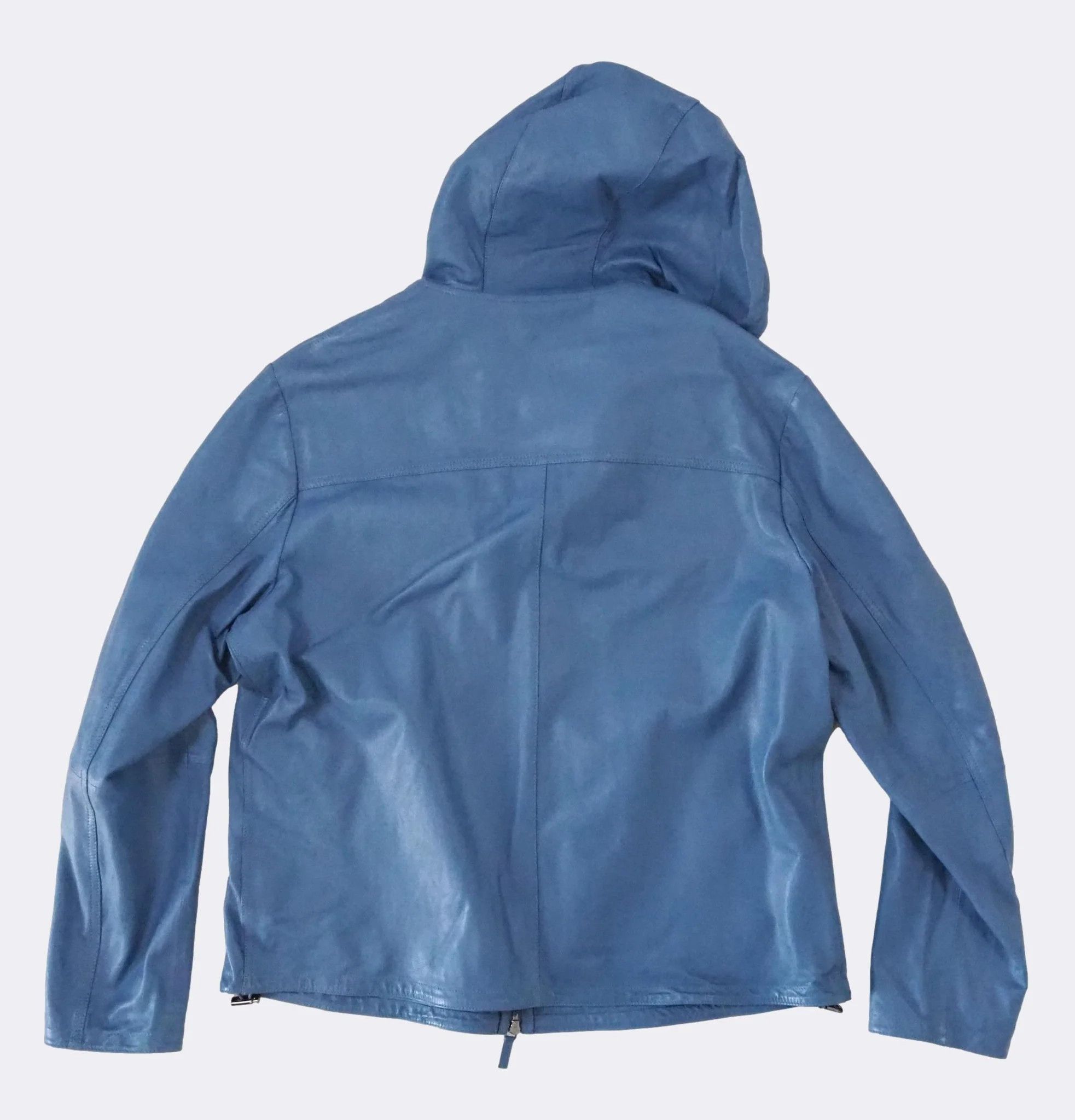 Emporio Armani Light Blue Hooded Zip-Front Leather Jacket $1175 Size US L / EU 52-54 / 3 - 12 Thumbnail