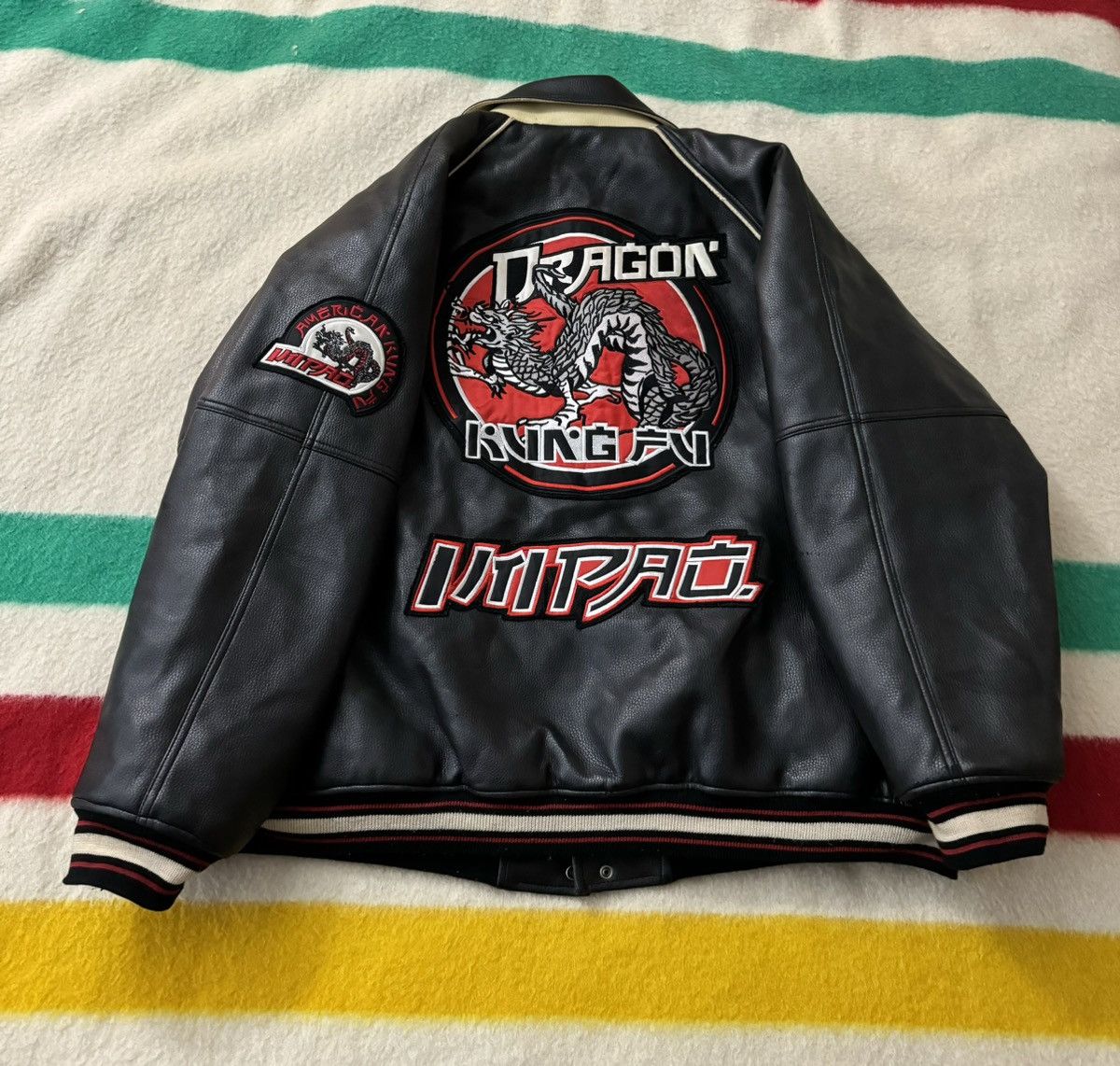 image of Vintage Leather Jacket American Kung Fu Dragon 3X Avirex Pelle Pelle in Black Red White (Size 2XL)