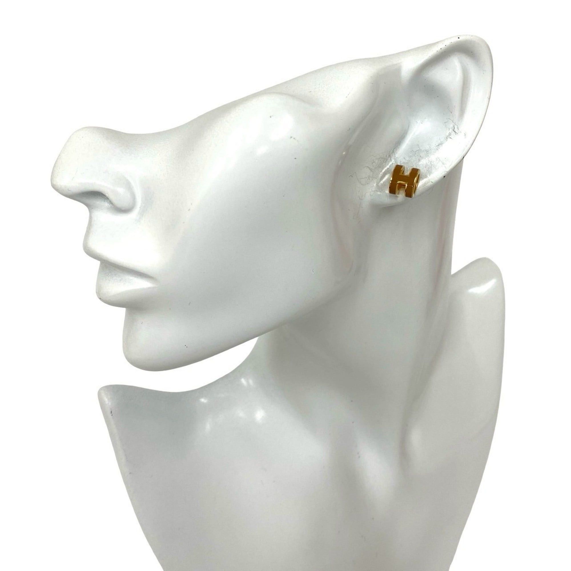 HERMES Mini Pop H Motif GP Earrings Jewelry Gold Brown 23590