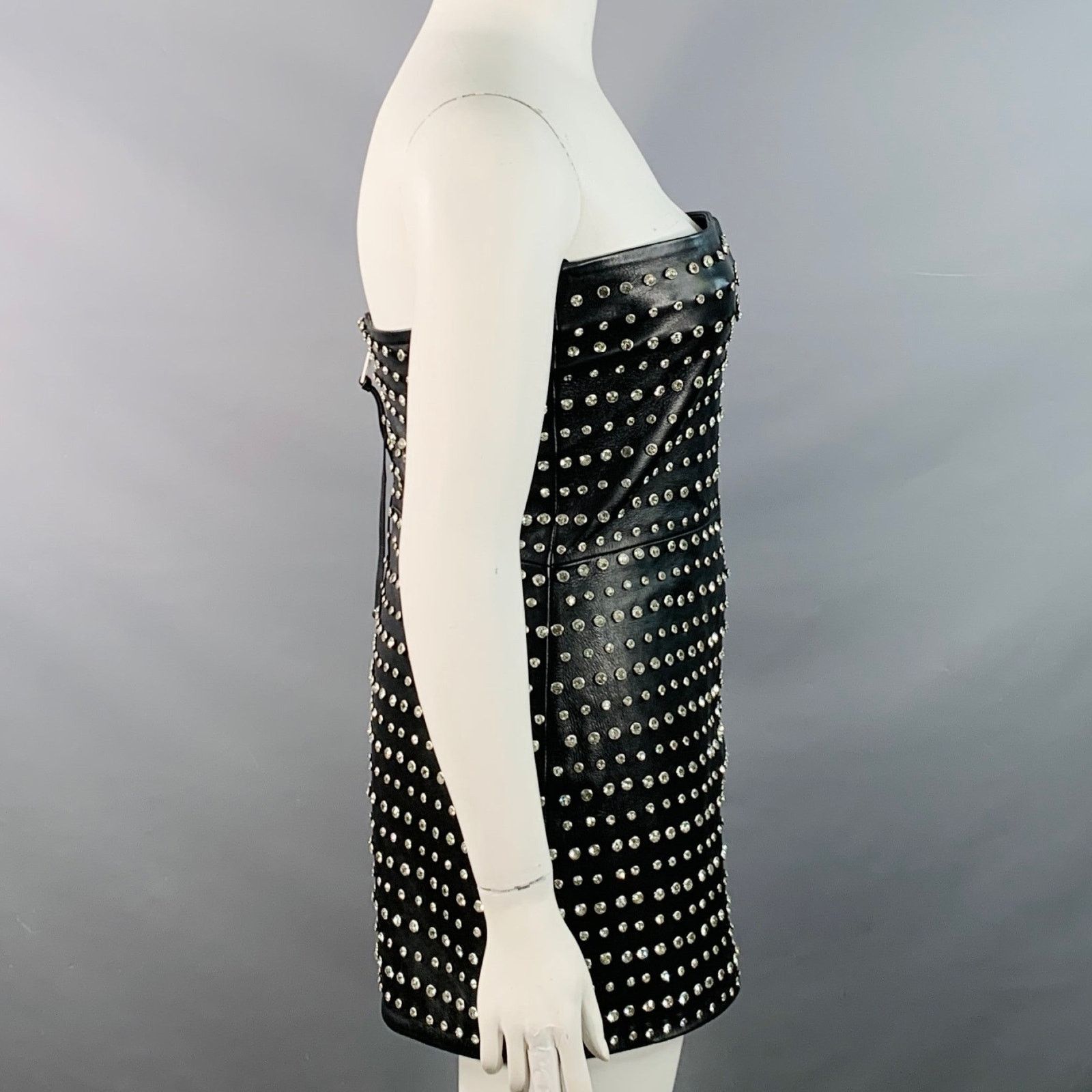 Retrofete L Black Silver Leather Strapless Crystal Studded Mini Dress Size L / US 10 / IT 46 - 3 Thumbnail