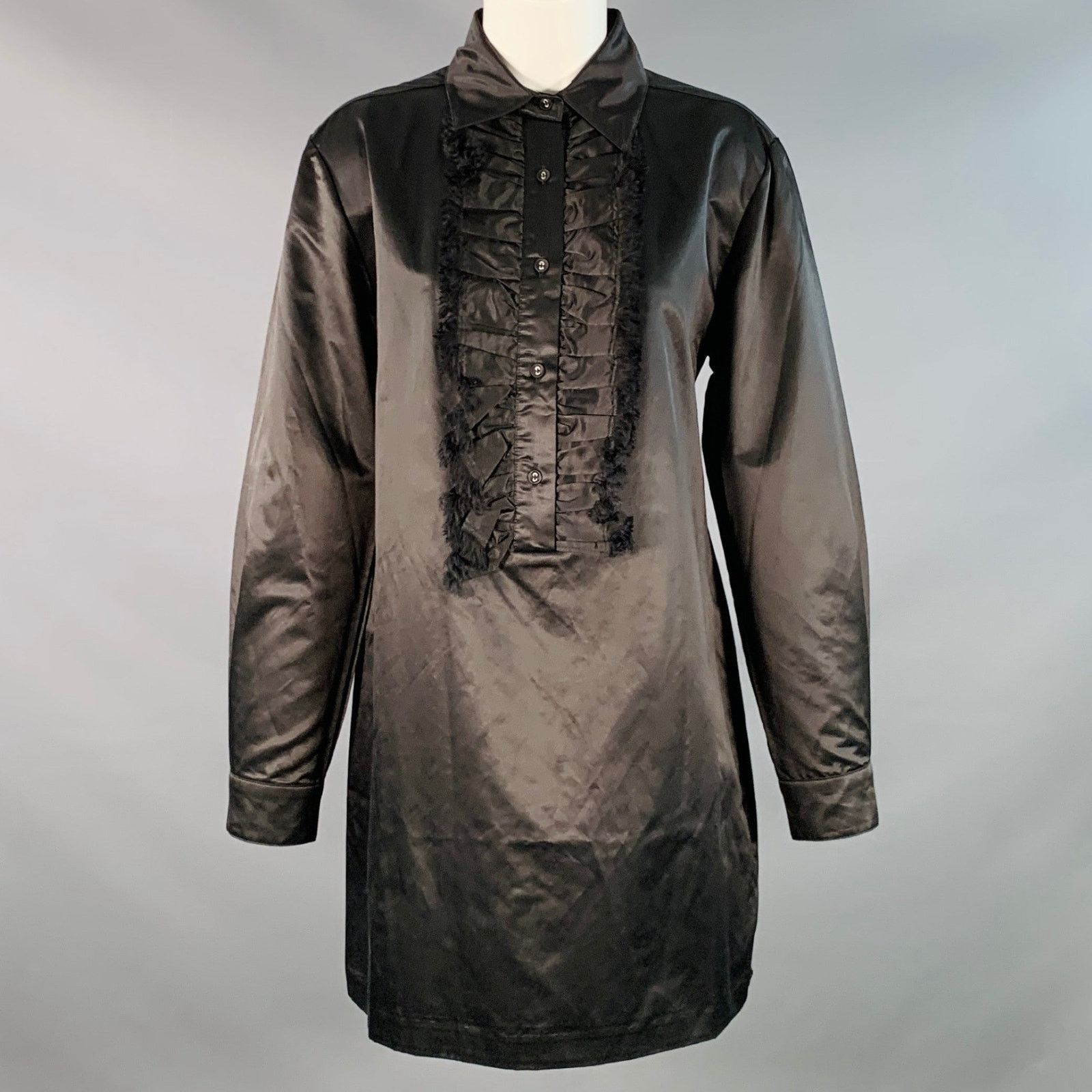 Cynthia Rowley XS Black Cotton Silk Satin Ruffled Button Up Shirt Size XS / US 0-2 / IT 36-38 - 1 Thumbnail