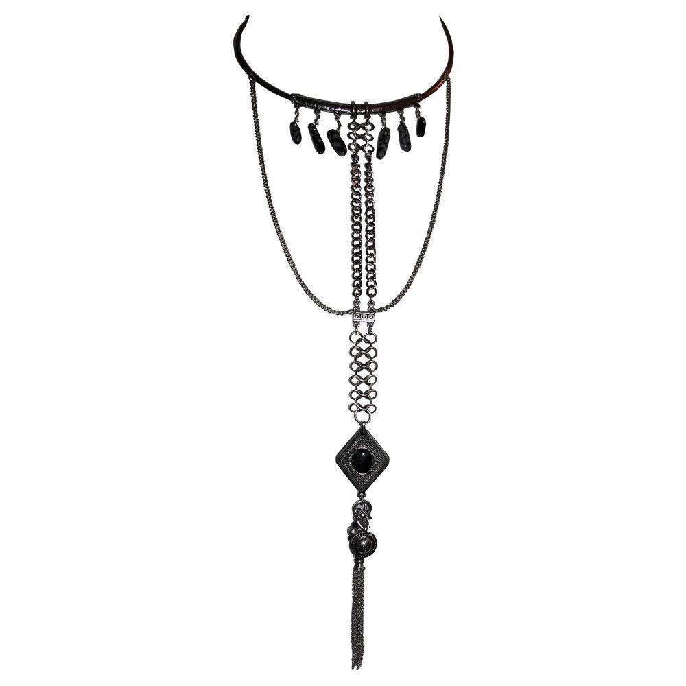 Designer New Silver Tone Bedouin Inspired Obsidian Dangle Necklace Size ONE SIZE - 1 Thumbnail