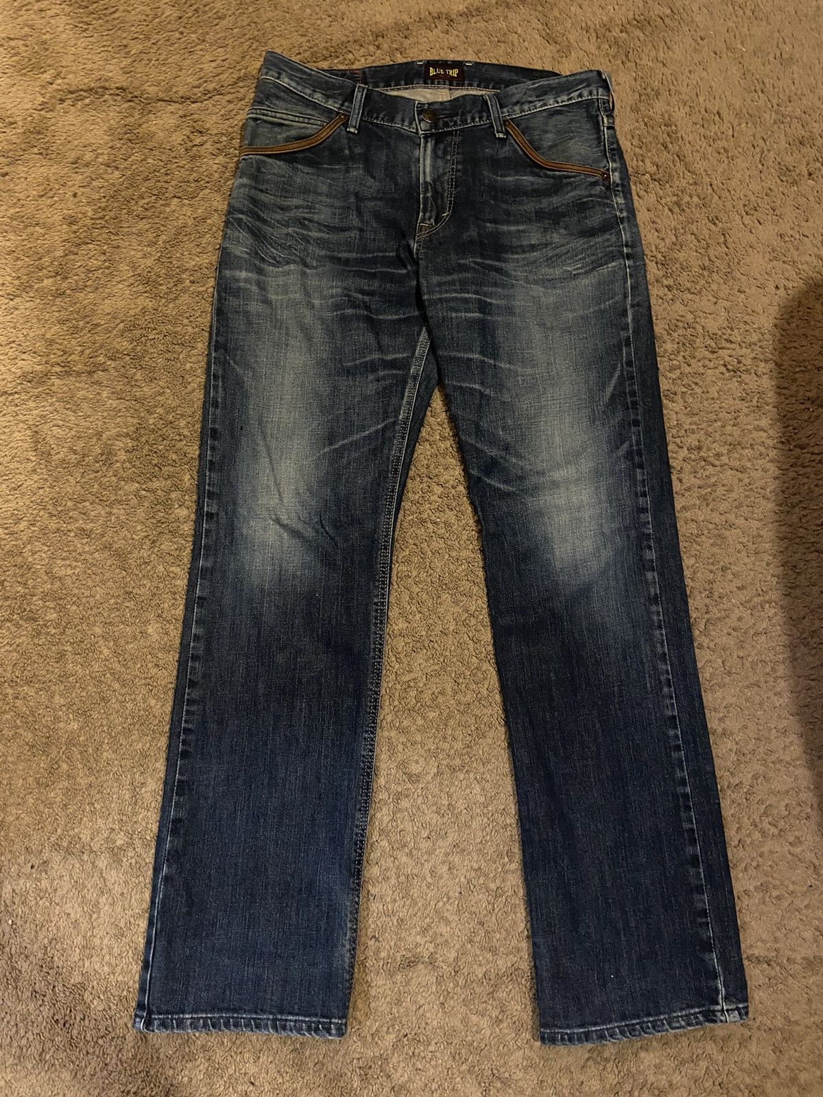 Edwin × Japanese Brand × Vintage VINTAGE Edwin Blue Trip Denim Jeans w/ Leather Pockets Size US 34 / EU 50 - 2 Thumbnail