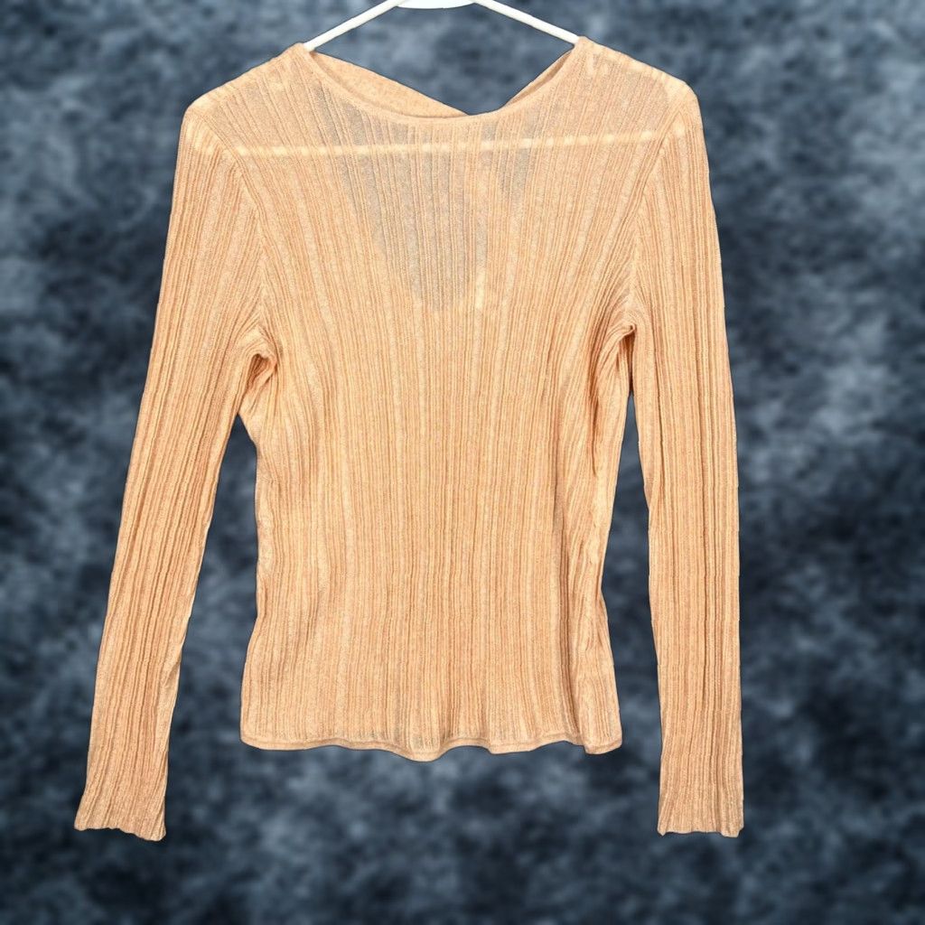 Vintage Lewit Womens Small V-Neck Metallic Ribbed Long Sleeve Top Peach Viscose Blend Shirt Women Small Peach Size S / US 4 / IT 40 - 1 Thumbnail
