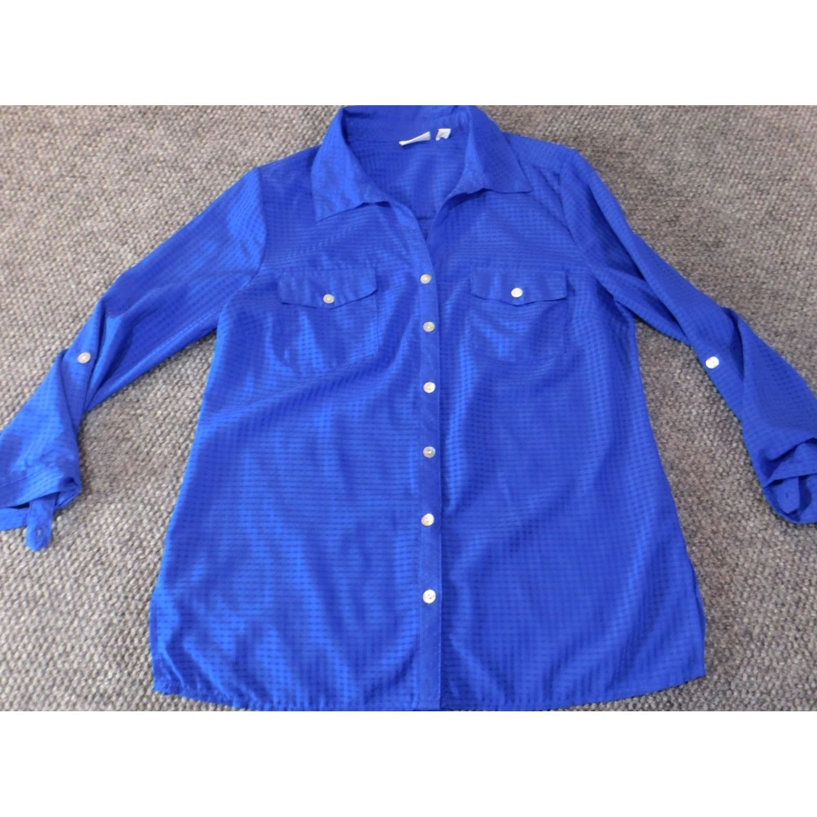 Vintage Kim Rogers Womens Blouse PM Petites Blue Button-Up Plaid Polyester Shirt Short Sleeve Collared Casual Knit Stretch Gud? Size M / US 6-8 / IT 42-44 - 2 Thumbnail