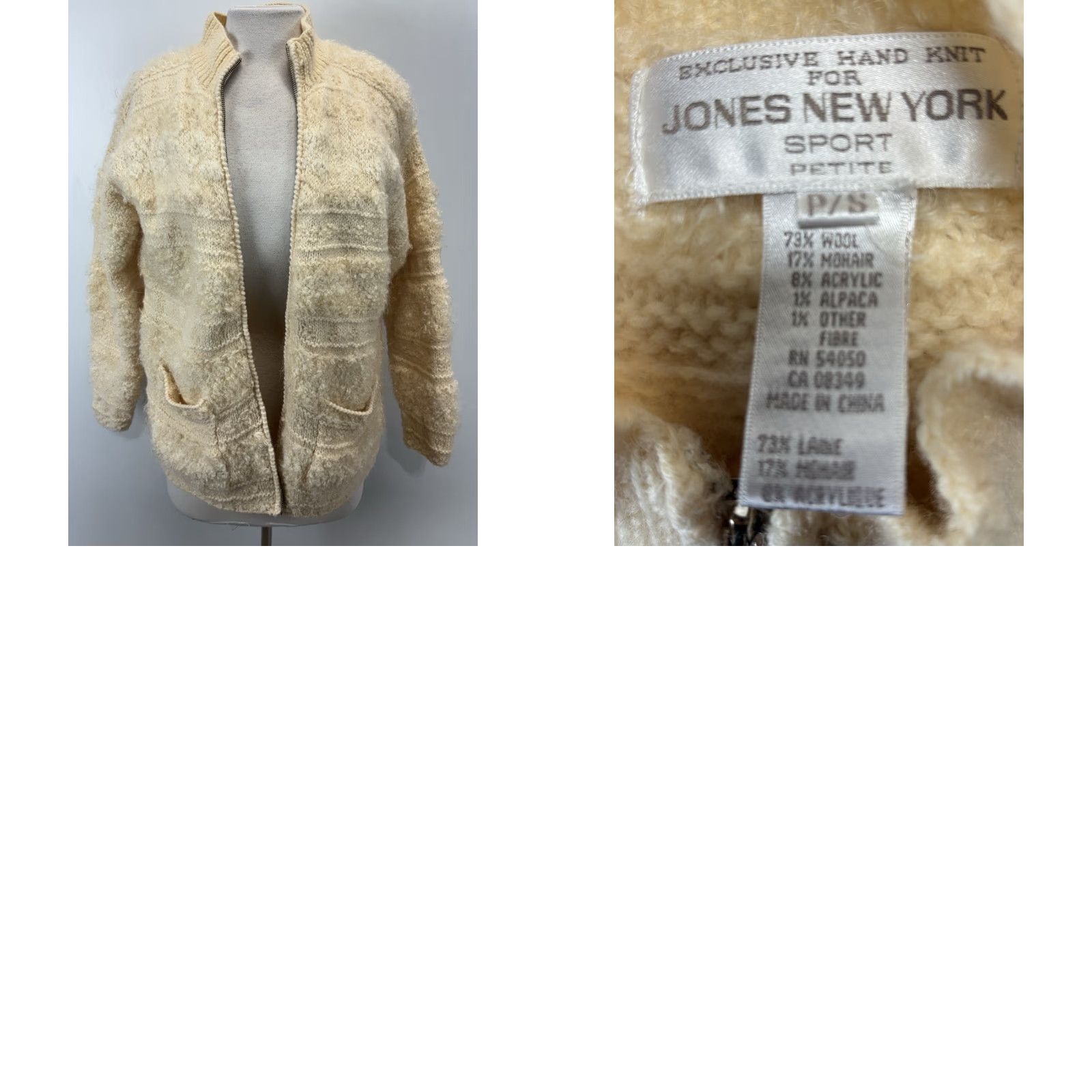 VINTAGE Jones New York Cardigan Sweater Shirt Women Petite Small Ivory Mohair Wool Knit Mock Neck Long Sleeve Vintage PS/Small Womens