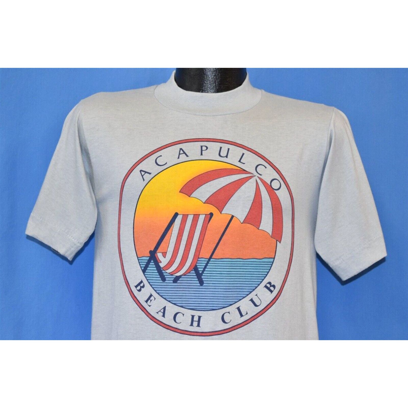 image of Vintage VTG 80's Acapulco Beach Club Sunset Ocean Umbrella Chair Vacation Gray T-Shirt S in White (