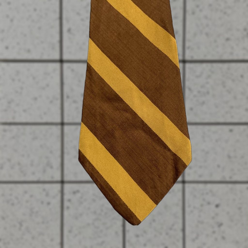 Vintage VINTAGE Lilly Dache All Silk Repp Tie Striped Brown Yellow Retro Mod Ratpack vtg 4x56 Capsule Necktie Mens Tie 57"-60" Brown Yellow Silk Neckwear Size ONE SIZE - 1 Thumbnail