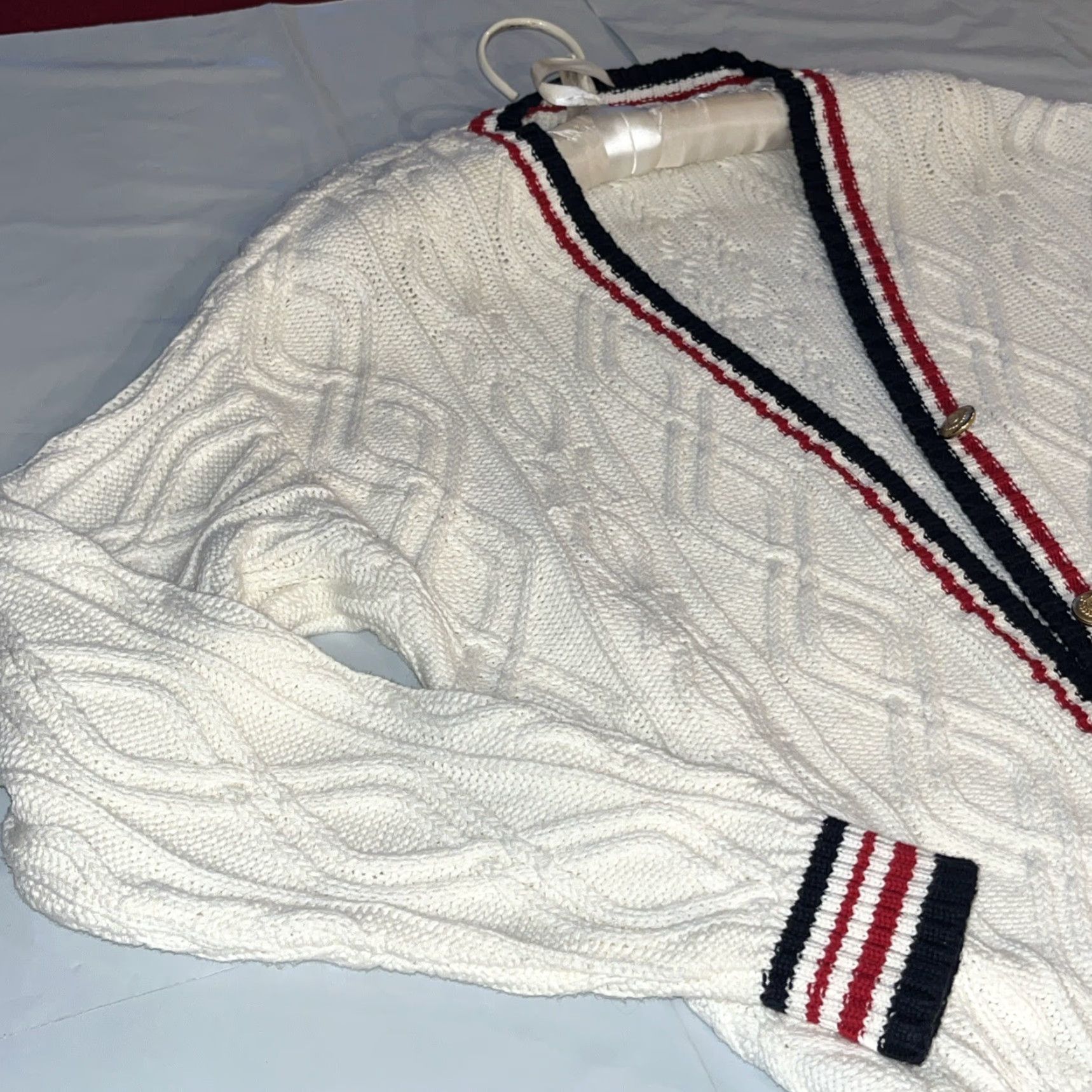 Vintage VINTAGE Lizsport Cardigan 90s KnIT Cable-V-Neck WhiteStripe Blue Red Gold Buttons Women Ps Petite Size S / US 4 / IT 40 - 6 Thumbnail