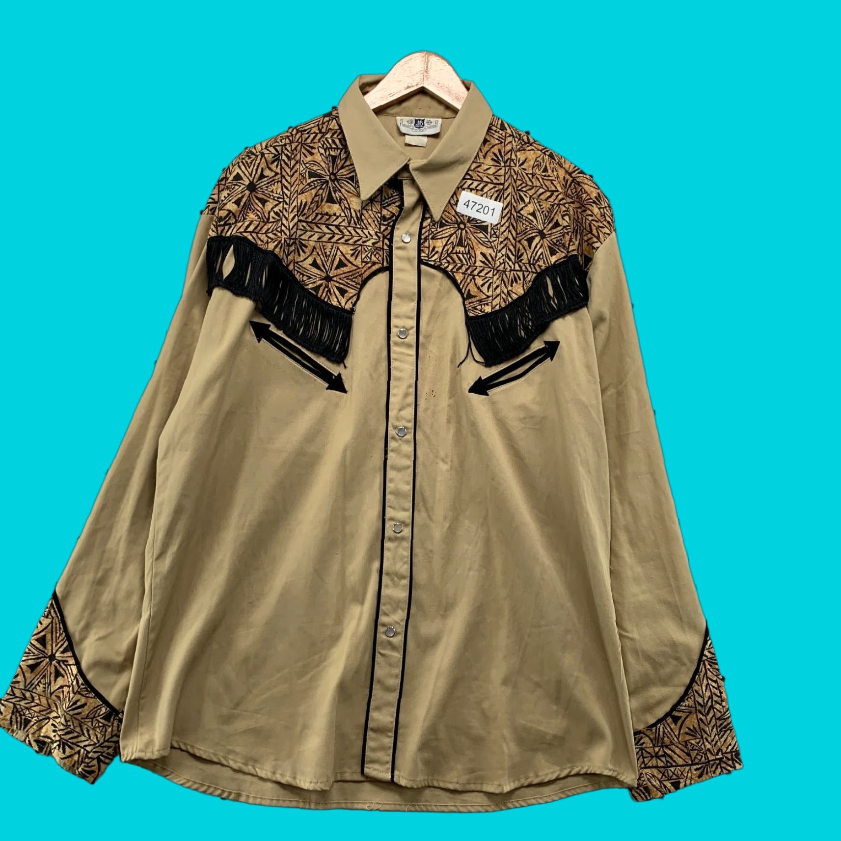 Vintage VINTAGE JB Trinity Western Snap Shirt Mens XL Beige Fringe Up Cowboy Made USA Shirt Mens XL Beige Fringe Western Cowboy 1960s 1970s Mens Size US XL / EU 56 / 4 - 1 Thumbnail