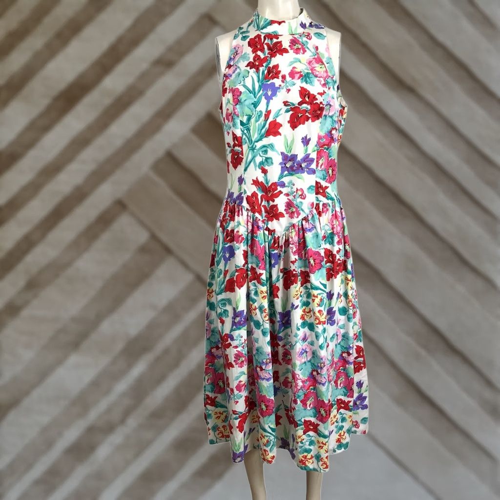 Vintage VINTAGE Brittany Nicole Women Halter Midi Dress 11/12 Floral White Sundress Size L / US 10 / IT 46 - 1 Thumbnail