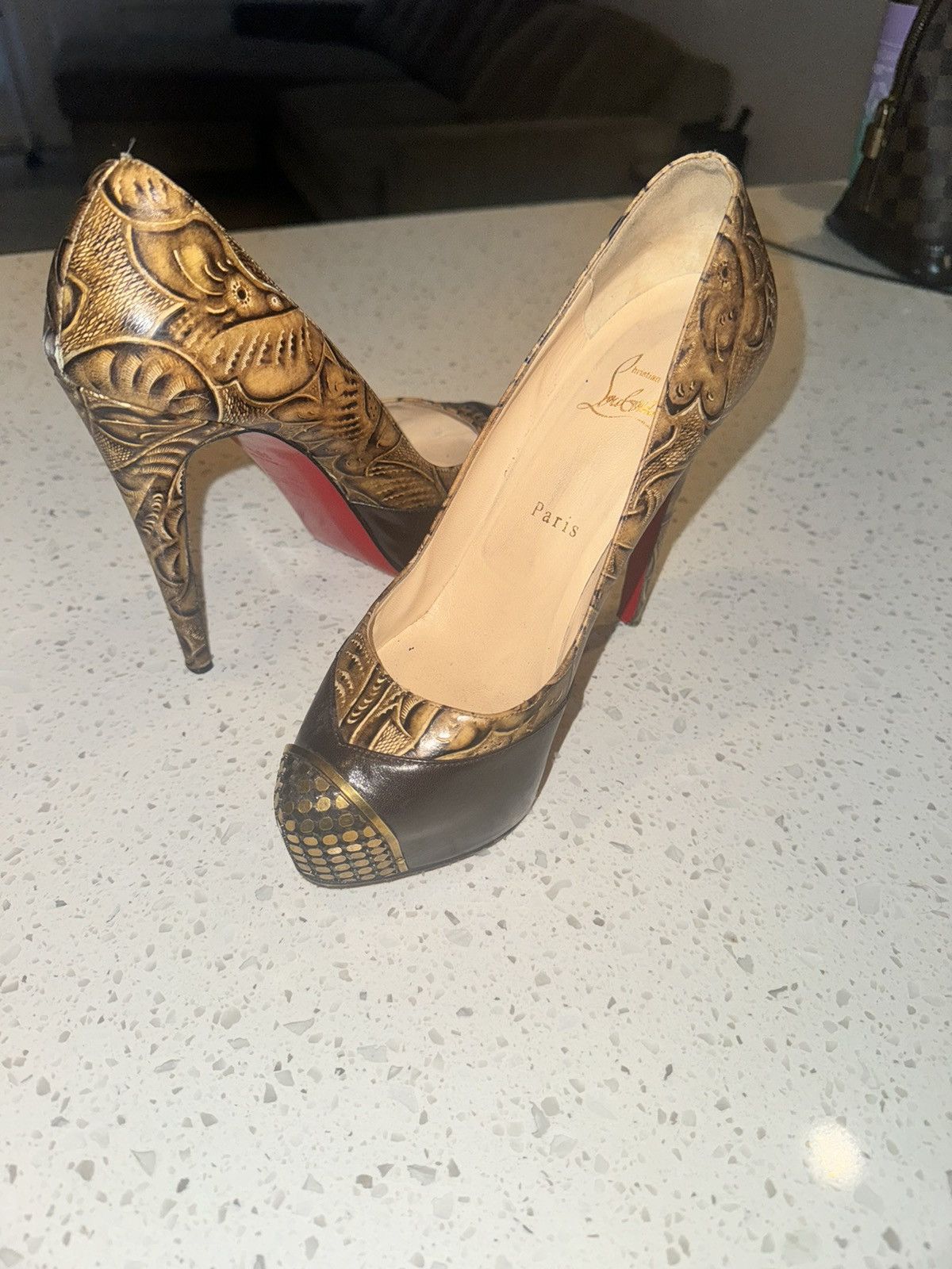Christian Louboutin Luxurious Gold Embossed Platform Heels w/ Signature Red Sole Size US 7.5 / IT 37.5 - 4 Thumbnail
