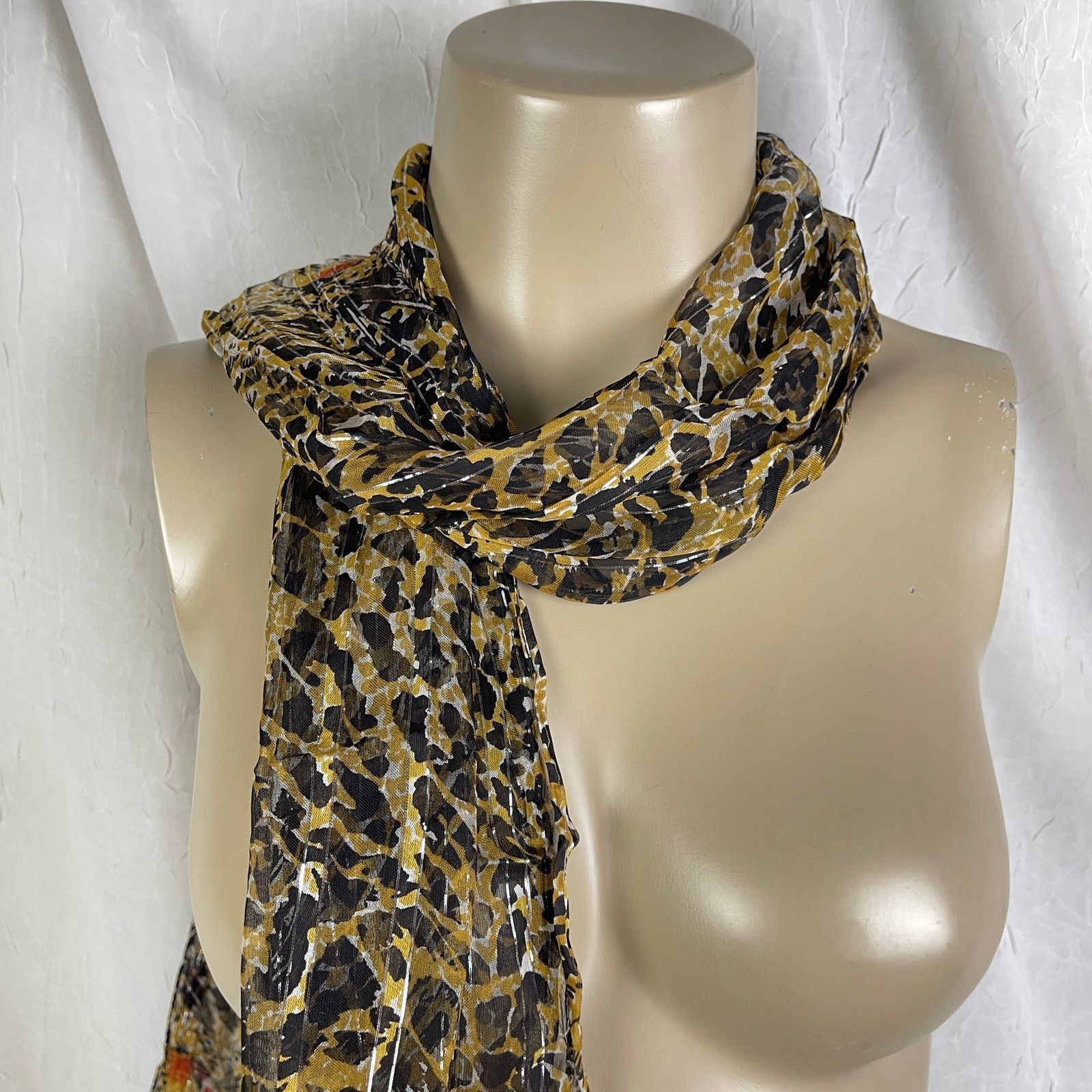 Vintage VTG Leopard Print Sheer Scarf Striped Silver Brown Black Red Size ONE SIZE - 6 Thumbnail