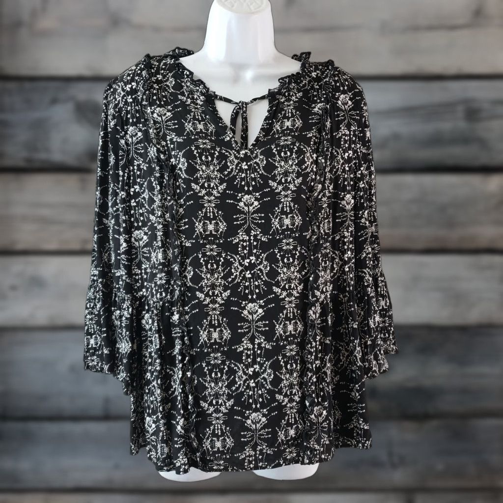 Vintage Caslon Womens Top Size S Black White Floral Ruffles Long Sleeve Blouse Size S / US 4 / IT 40 - 1 Thumbnail